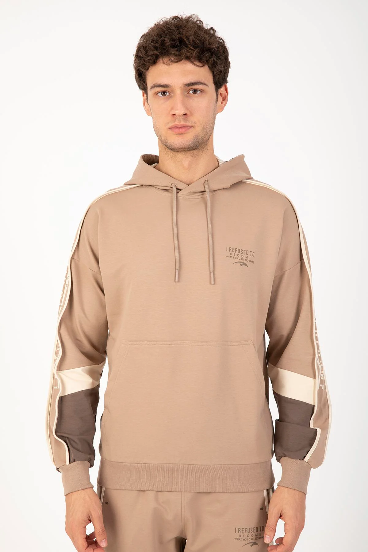 Maraton Comfort Erkek Kapüşonlu Açık Vizon Sweatshirt