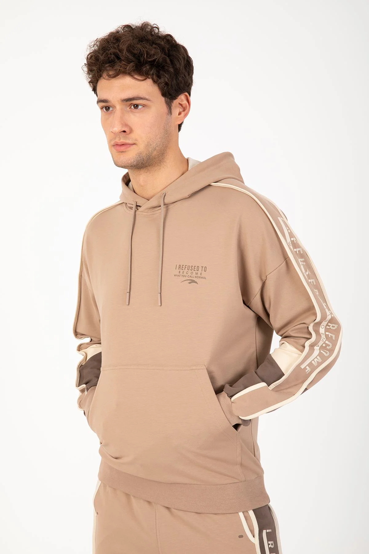 Maraton Comfort Erkek Kapüşonlu Açık Vizon Sweatshirt - 5