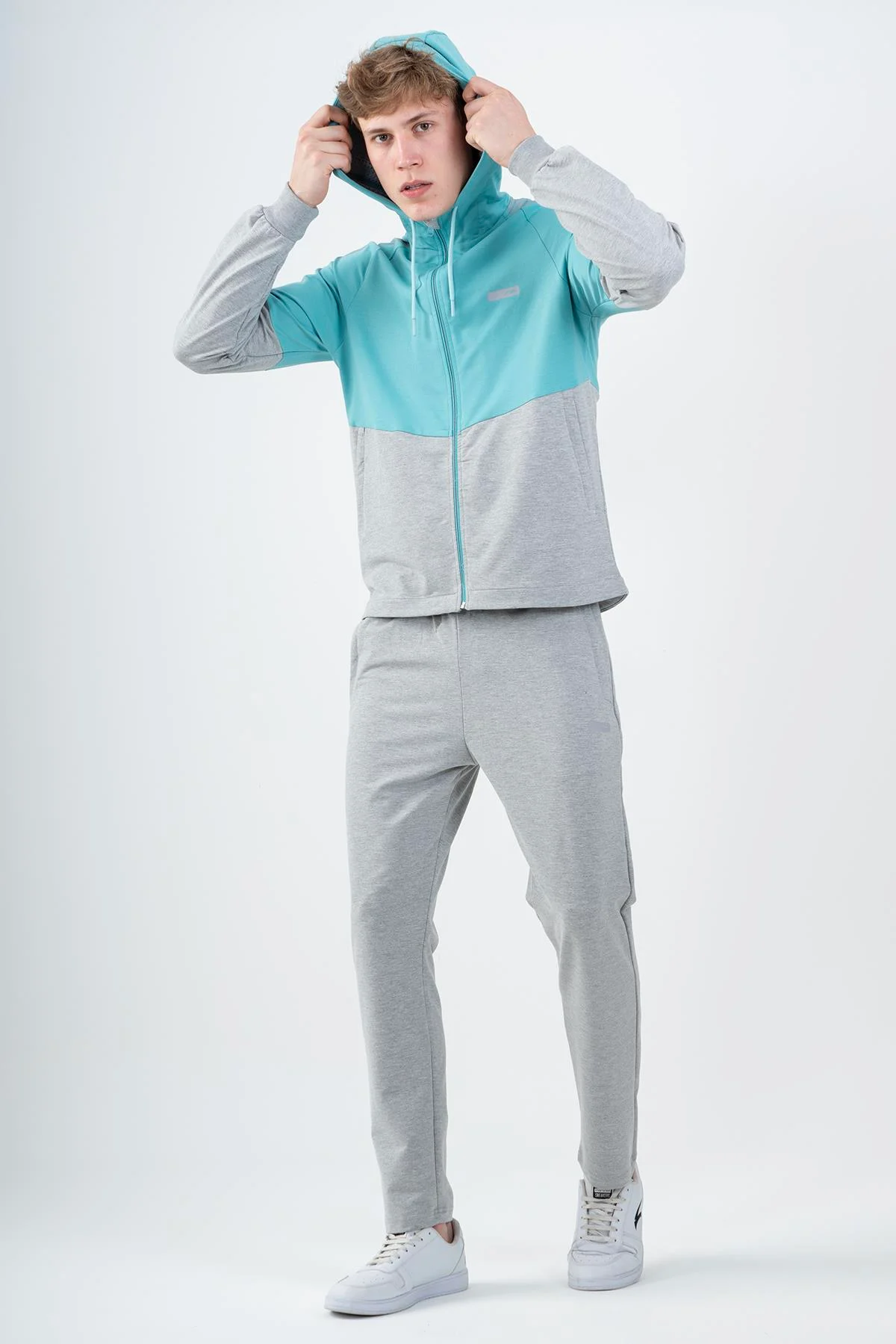 Maraton Comfort Erkek Kapüşonlu Dar Paça Turkuaz Eşofman Takımı - 5