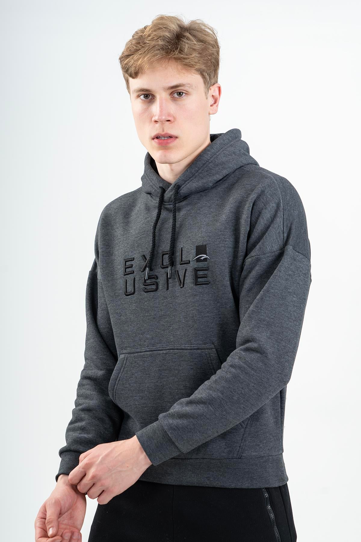 Maraton Comfort Erkek Kapüşonlu Siyahmelanj Sweatshirt