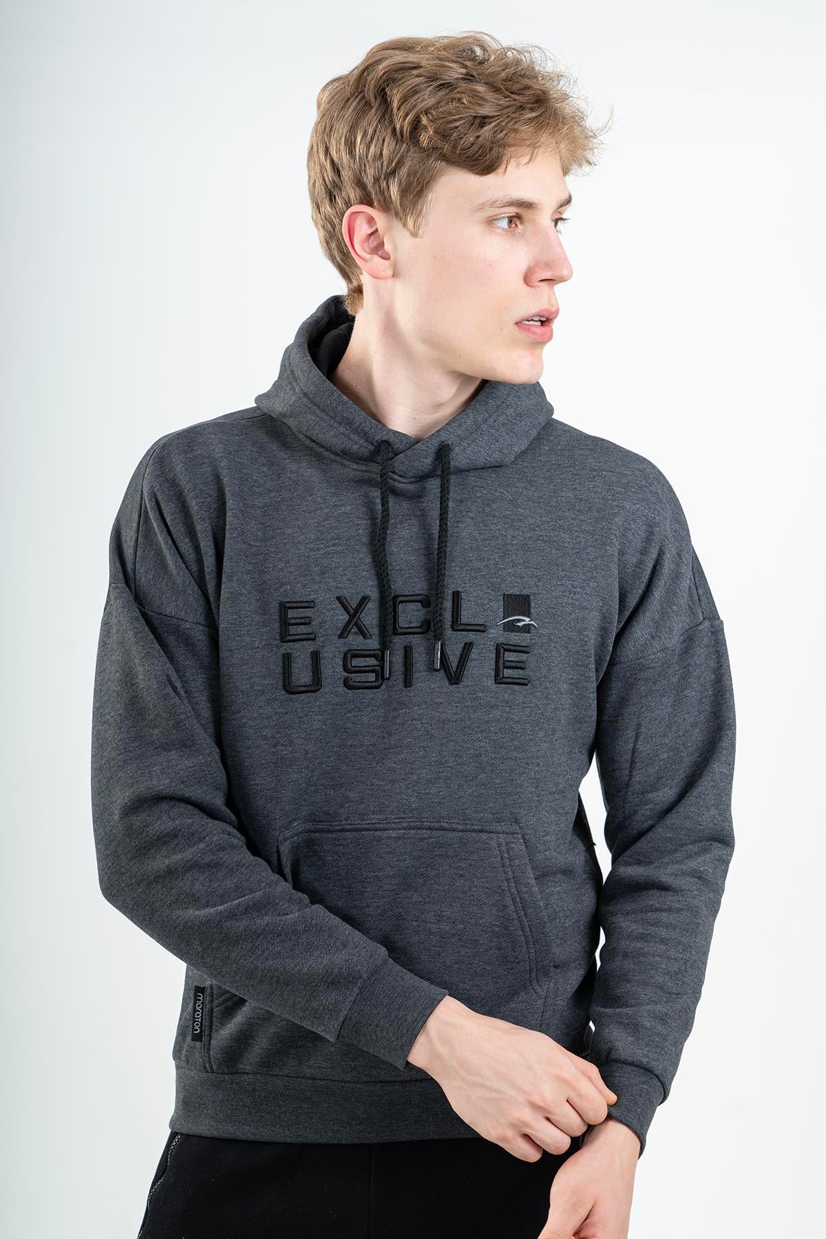 Maraton Comfort Erkek Kapüşonlu Siyahmelanj Sweatshirt - 4