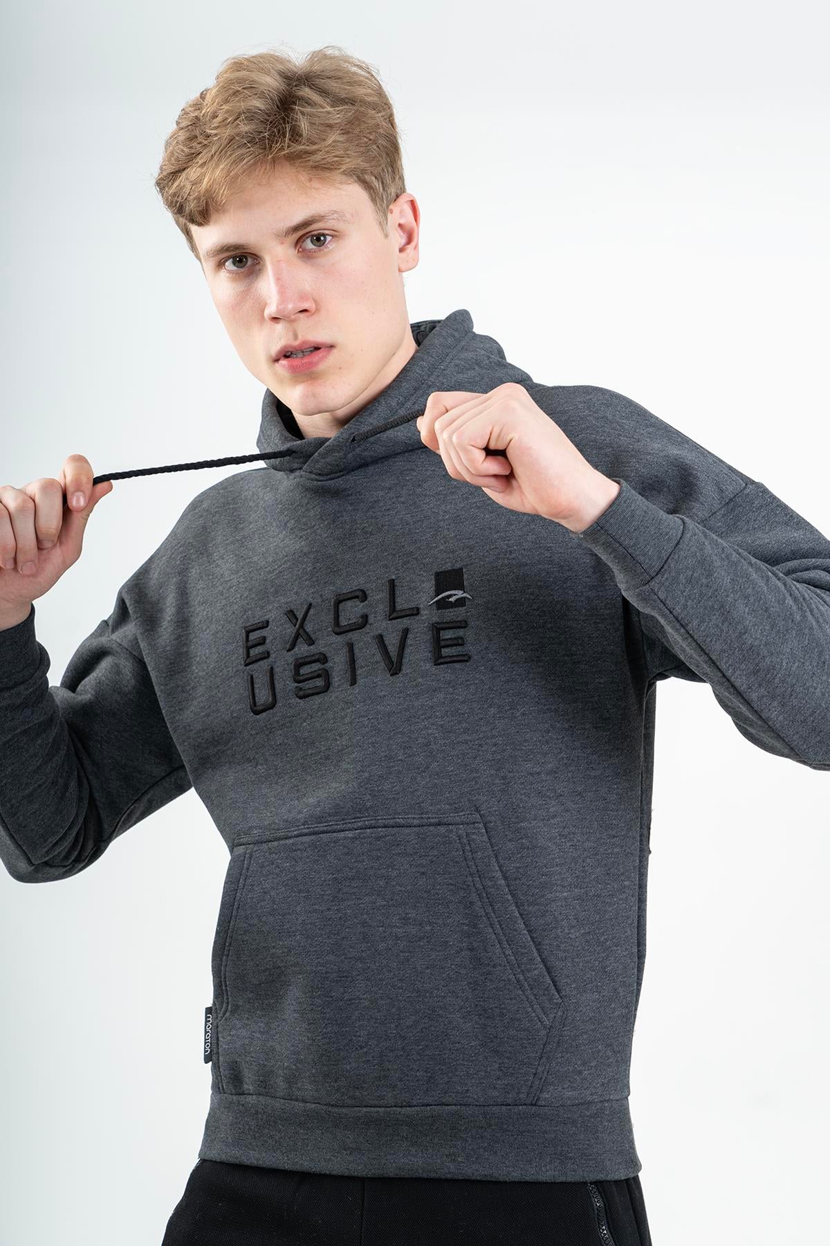 Maraton Comfort Erkek Kapüşonlu Siyahmelanj Sweatshirt - 5