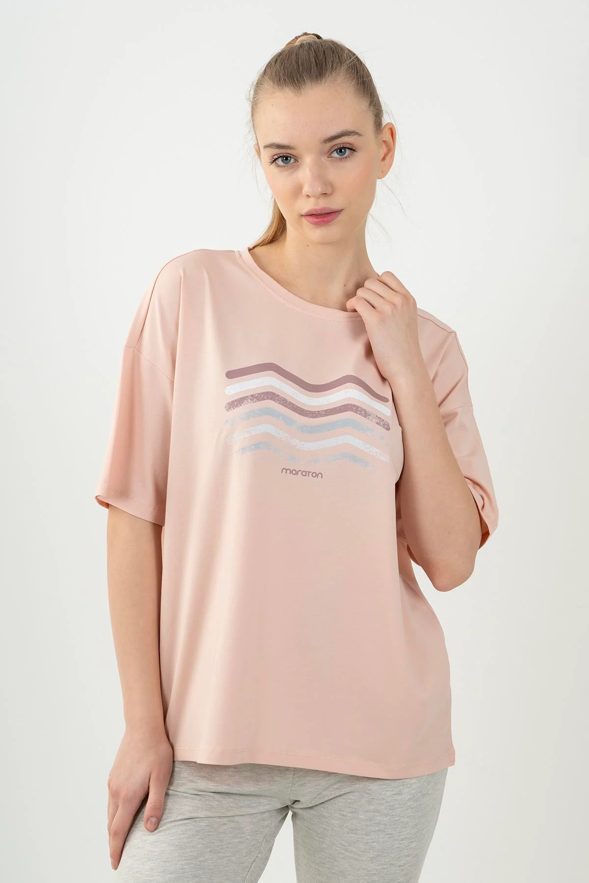 Maraton Comfort Kadın Bisiklet Yaka Pudra T-shirt