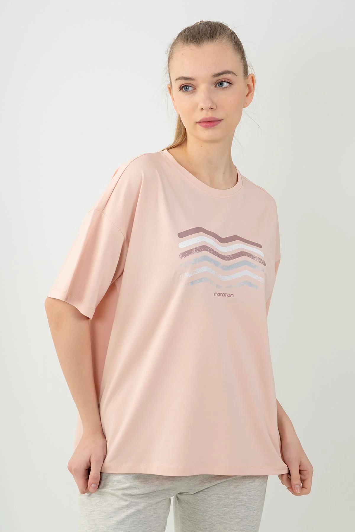 Maraton Comfort Kadın Bisiklet Yaka Pudra T-shirt - 3