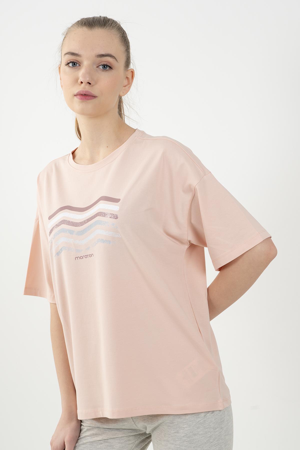 Maraton Comfort Kadın Bisiklet Yaka Pudra T-shirt - 4