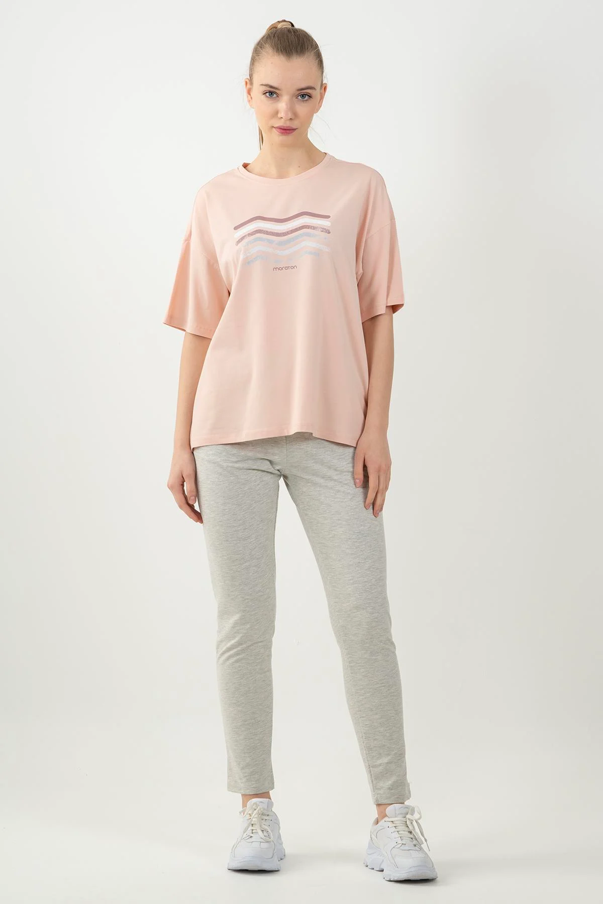 Maraton Comfort Kadın Bisiklet Yaka Pudra T-shirt - 5