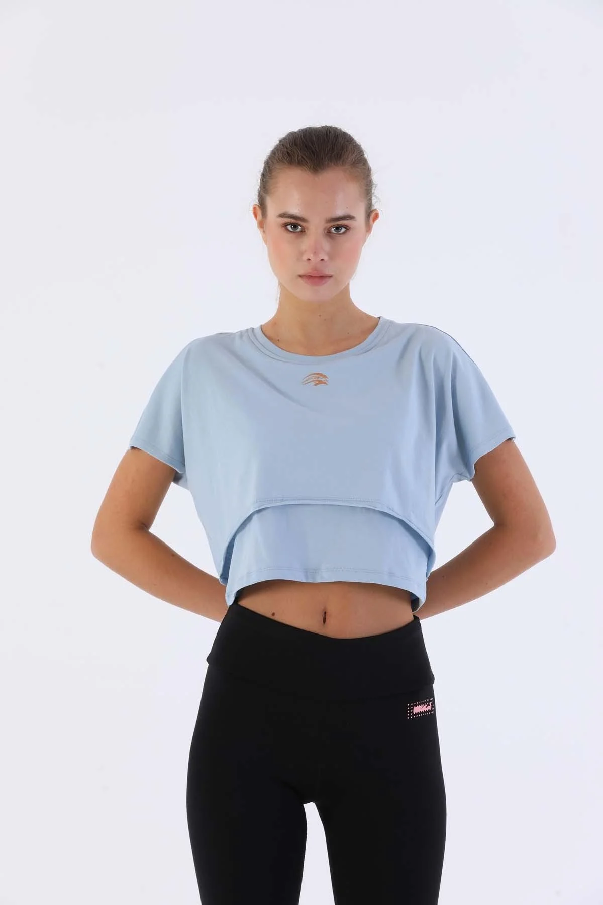 Maraton Comfort Kadın Bisiklet Yaka Sisli Mavi Crop Top