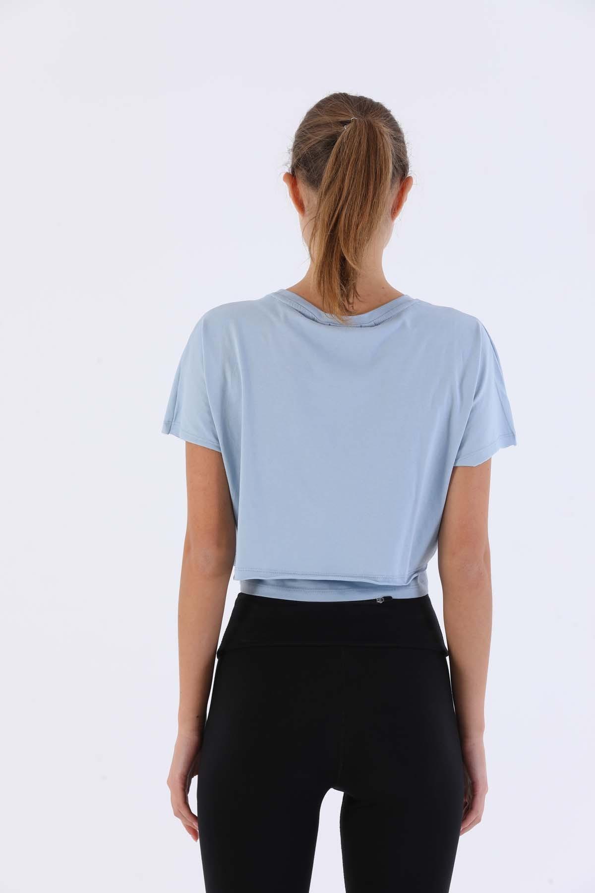 Maraton Comfort Kadın Bisiklet Yaka Sisli Mavi Crop Top - 3