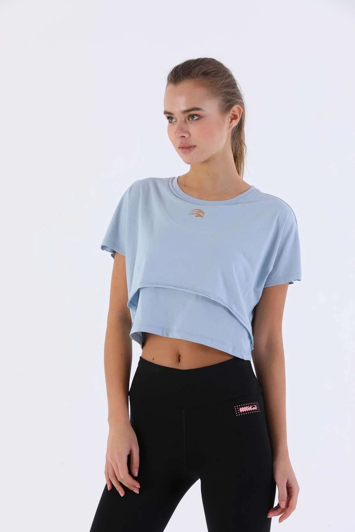 Maraton Comfort Kadın Bisiklet Yaka Sisli Mavi Crop Top - 5