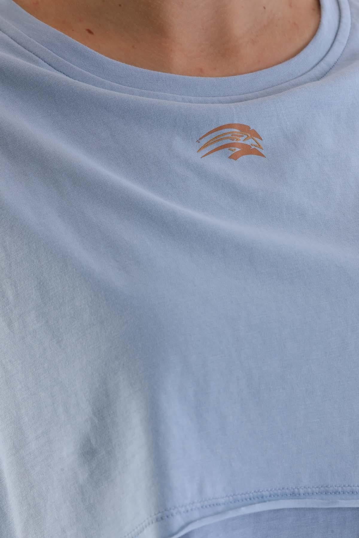 Maraton Comfort Kadın Bisiklet Yaka Sisli Mavi Crop Top - 7