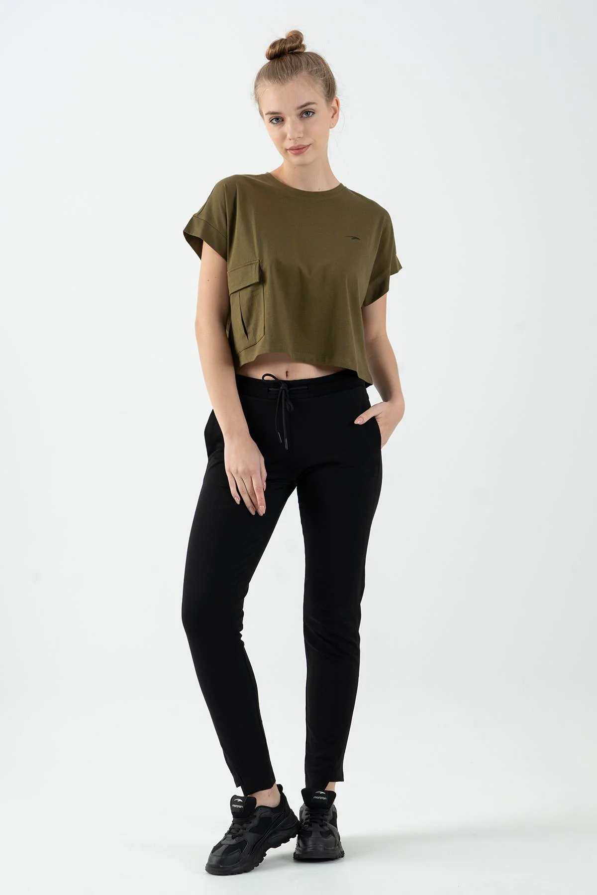 Maraton Comfort Kadın Bisiklet Yaka Zeytin Crop Top - 4