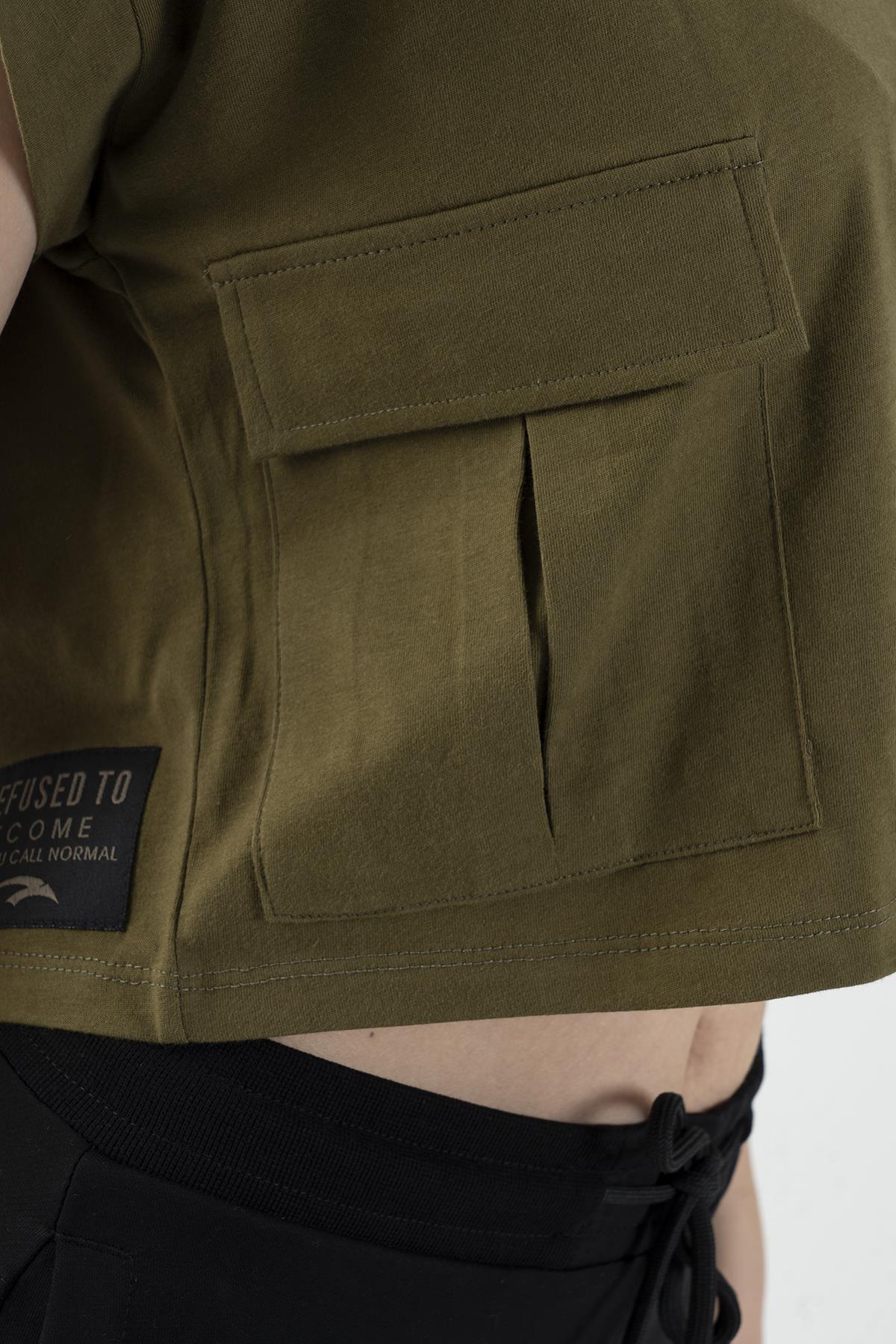 Maraton Comfort Kadın Bisiklet Yaka Zeytin Crop Top - 6