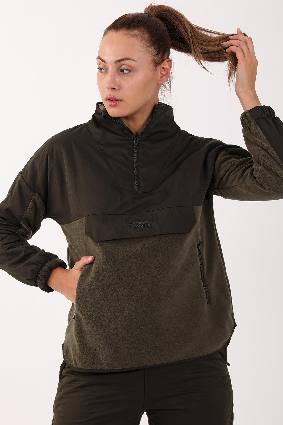 Maraton Comfort Kadın Dik Yaka Haki Sweatshirt