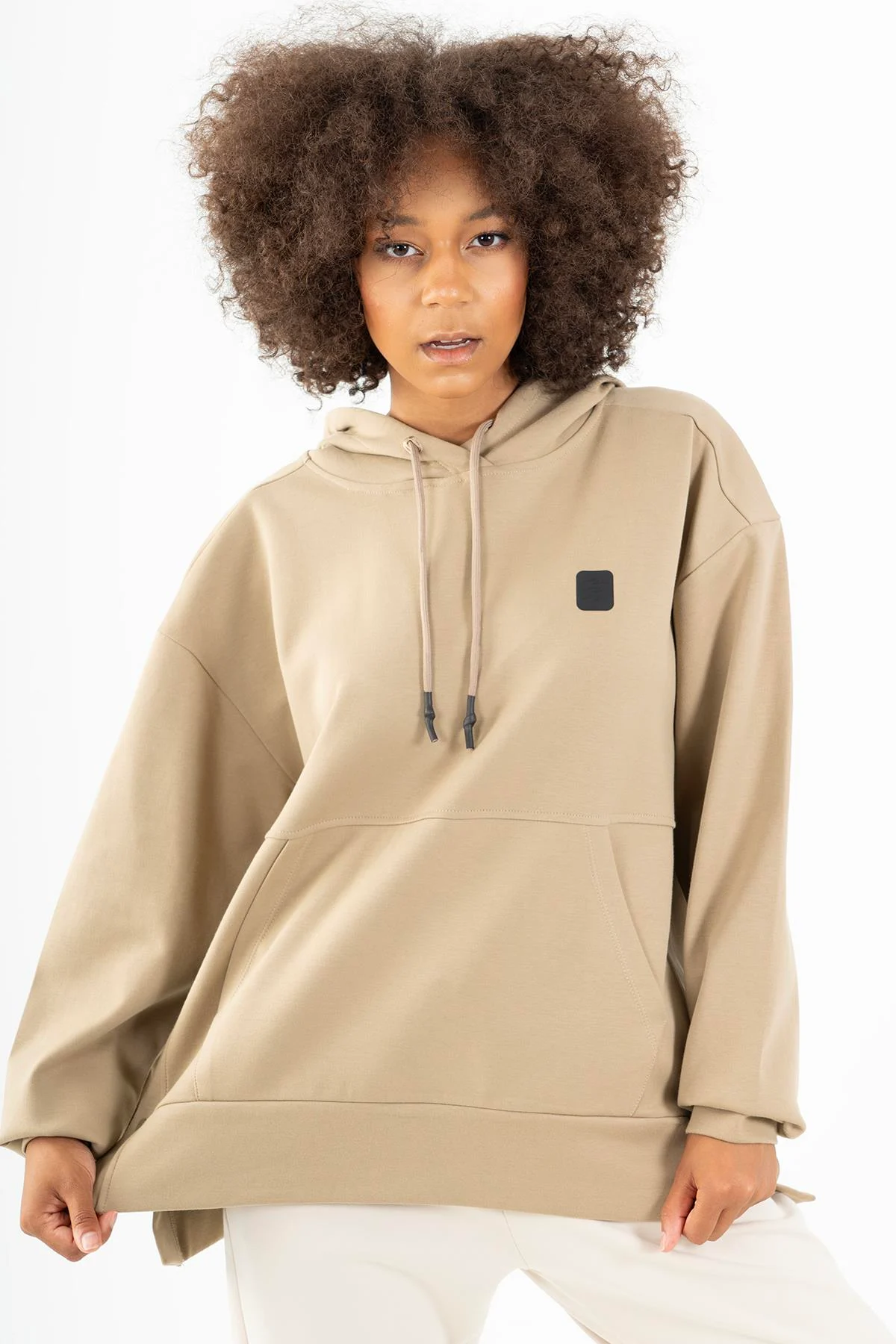 Maraton Comfort Kadın Kapüşonlu Açık Vizon Sweatshirt