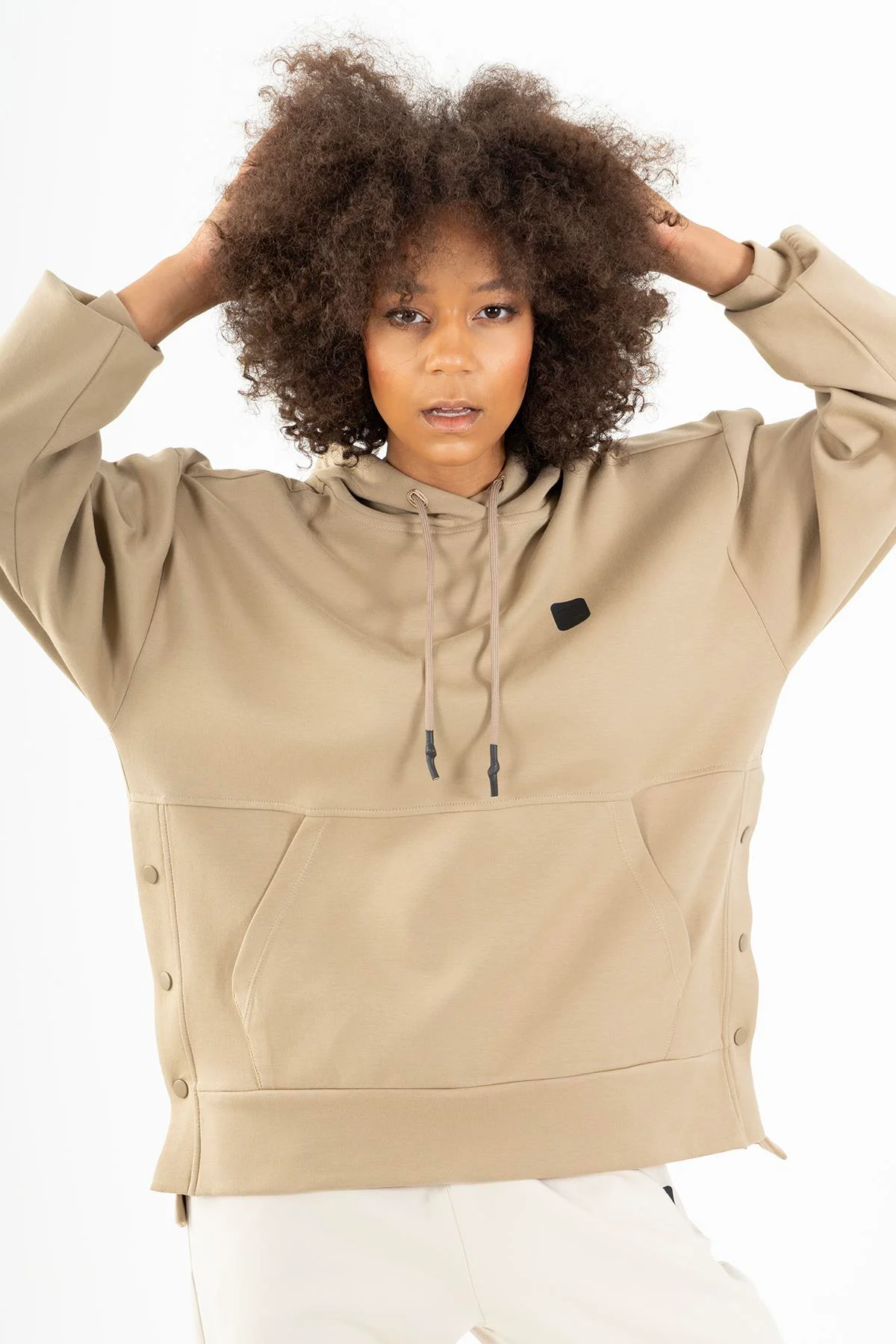 Maraton Comfort Kadın Kapüşonlu Açık Vizon Sweatshirt - 4