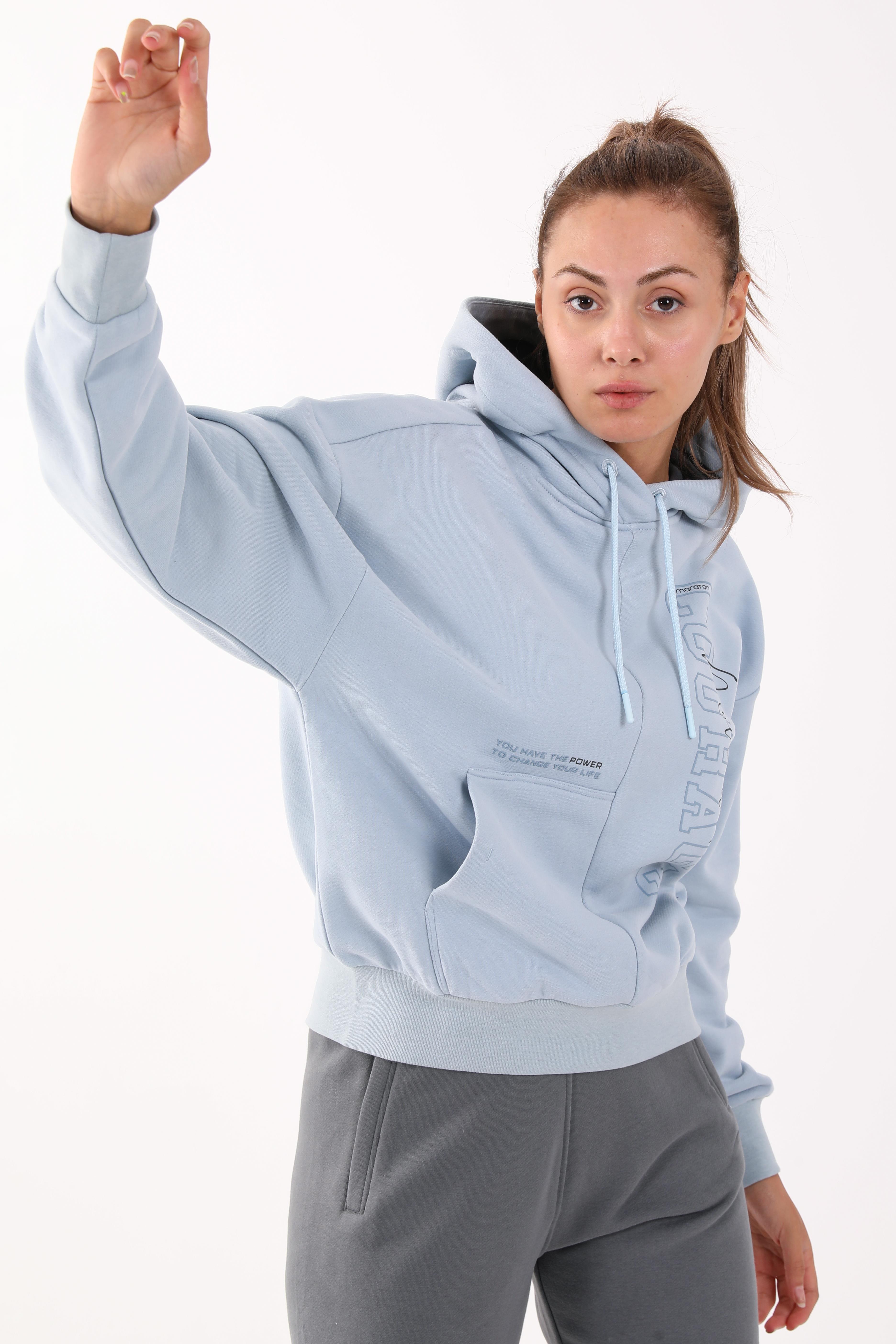 Maraton Comfort Kadın Kapüşonlu Sislimavi Sweatshirt
