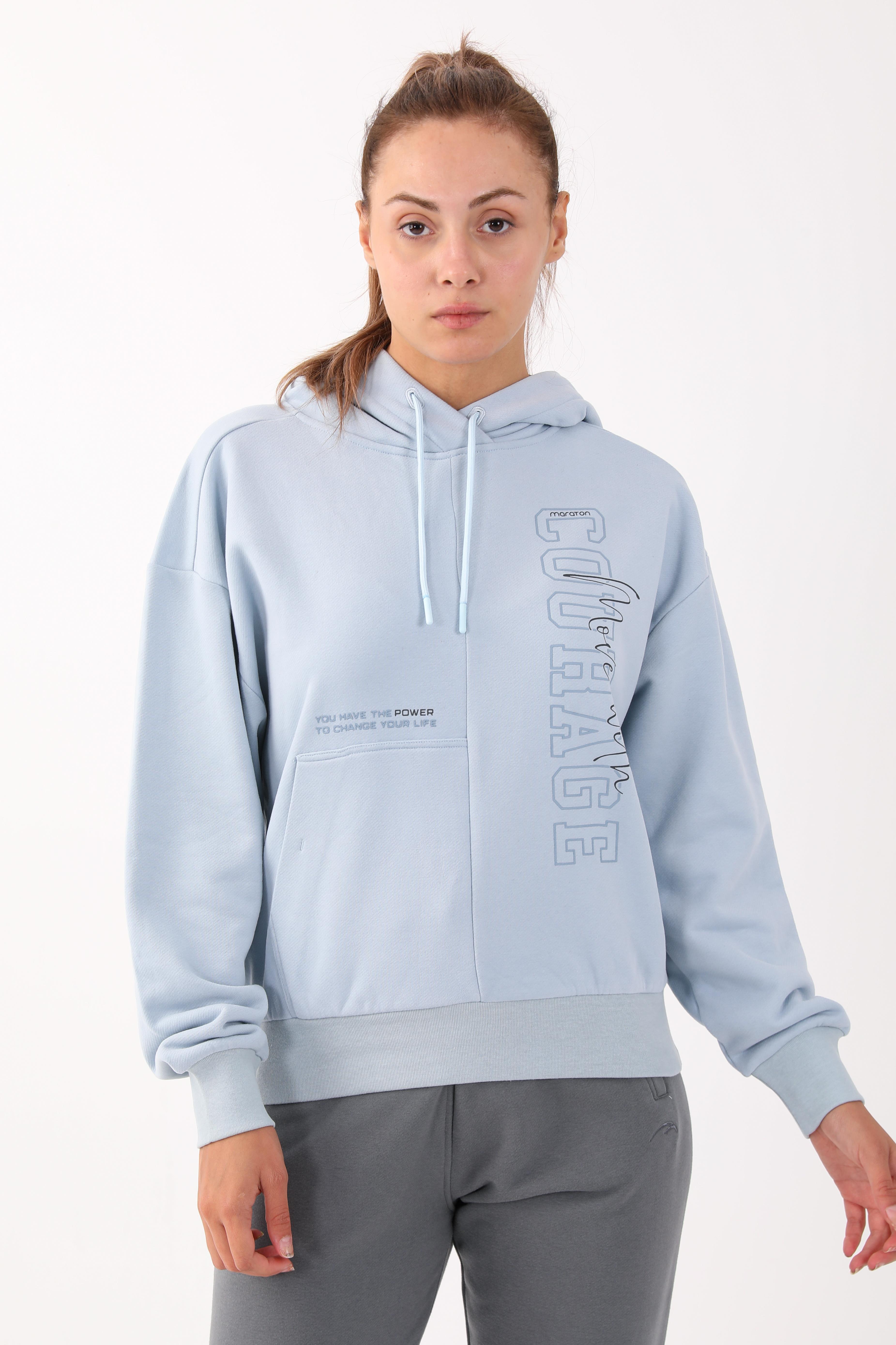 Maraton Comfort Kadın Kapüşonlu Sislimavi Sweatshirt - 4