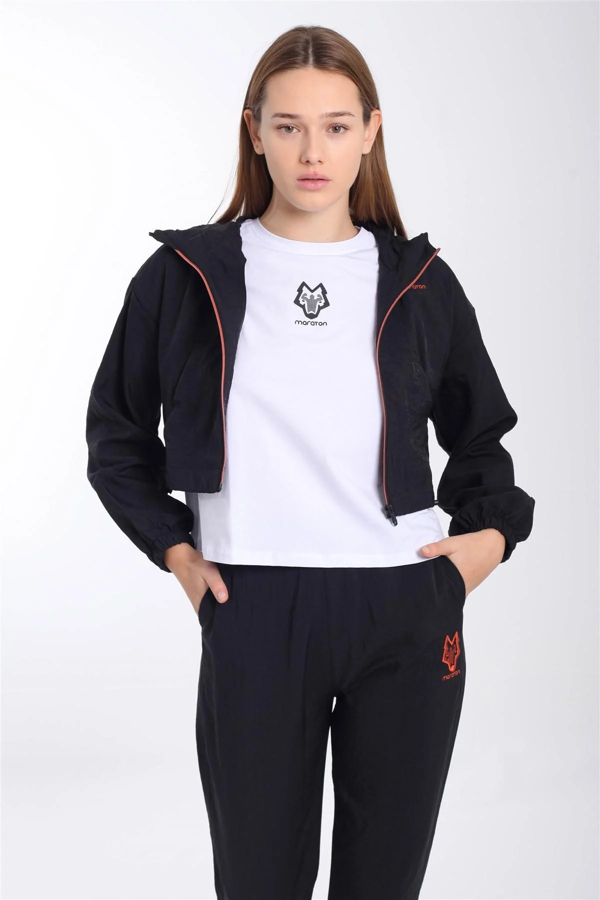 Maraton Comfort Kadın Kapüşonlu Siyah Crop Top - 4