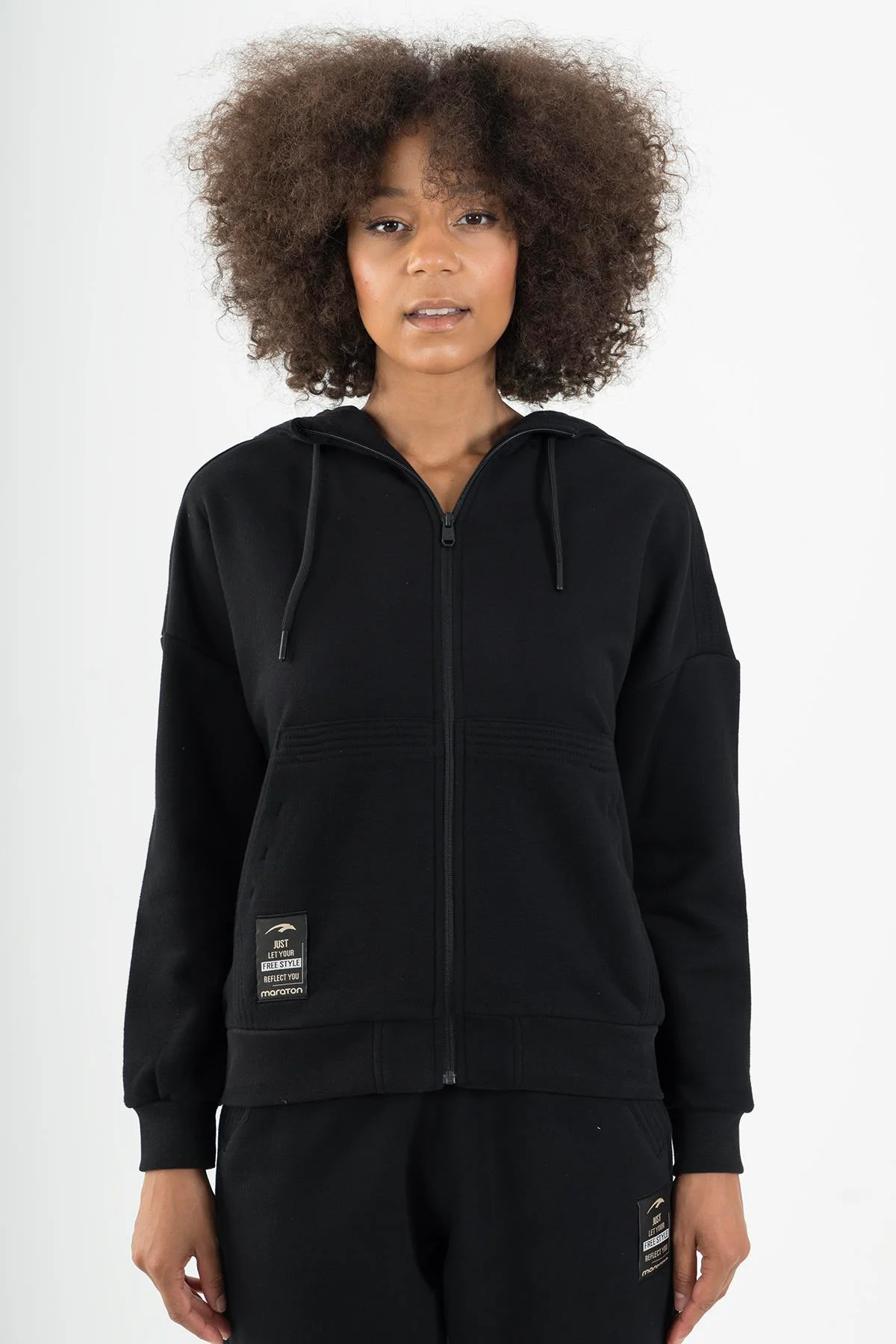 Maraton Comfort Kadın Kapüşonlu Siyah- Eşofman Üstü