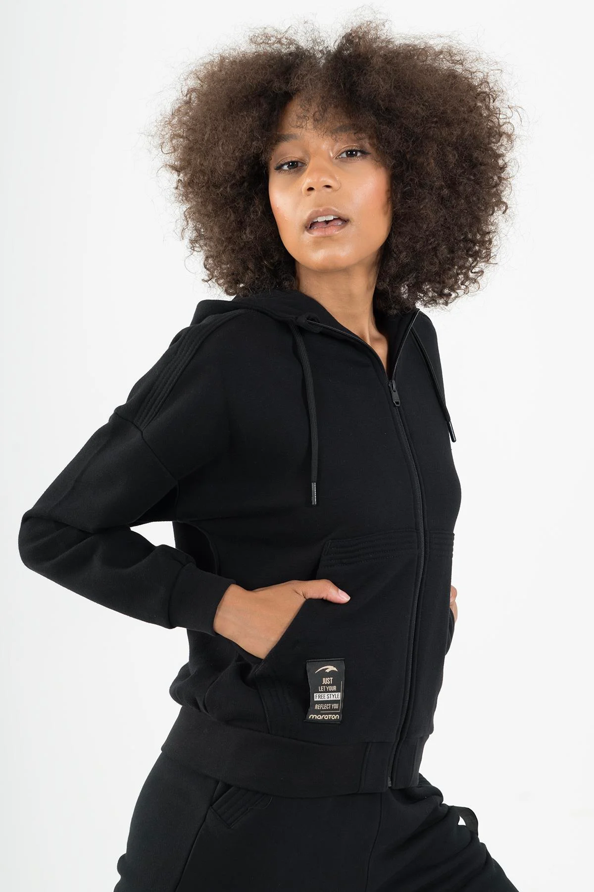 Maraton Comfort Kadın Kapüşonlu Siyah- Eşofman Üstü - 3