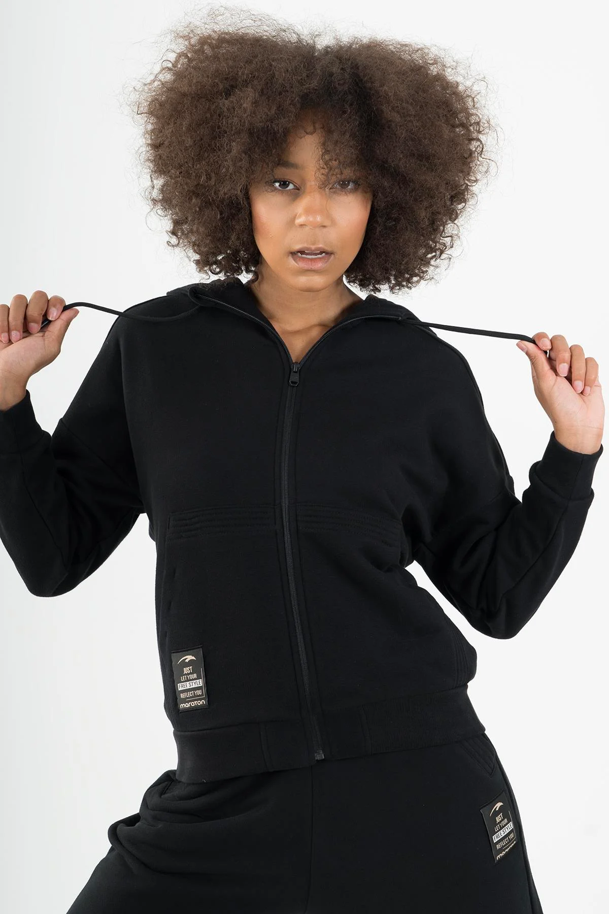 Maraton Comfort Kadın Kapüşonlu Siyah- Eşofman Üstü - 5