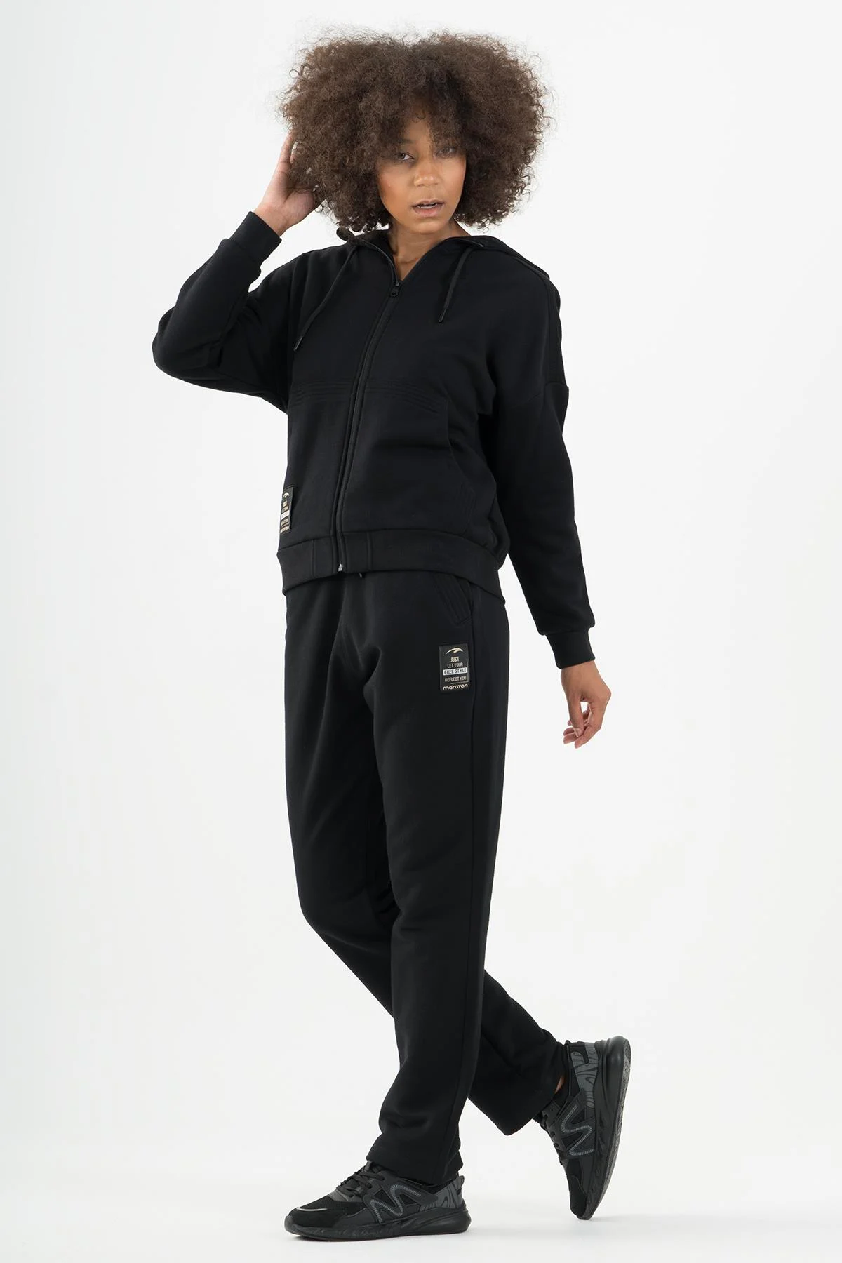 Maraton Comfort Kadın Kapüşonlu Siyah- Eşofman Üstü - 6