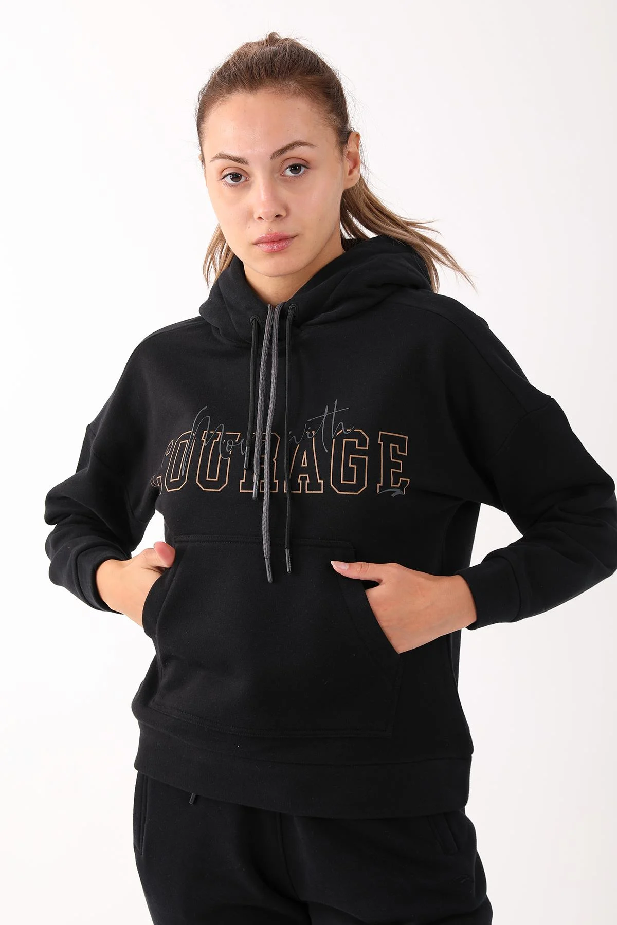 Maraton Comfort Kadın Kapüşonlu Siyah Sweatshirt