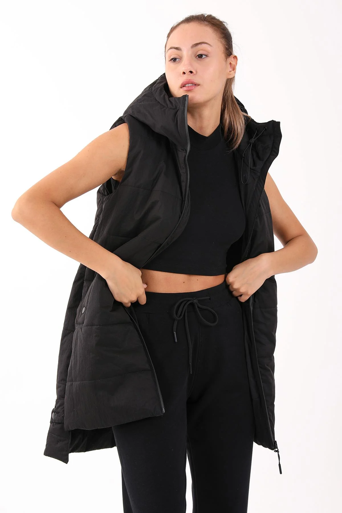 Maraton Comfort Kadın Kapüşonlu Siyah Yelek - 4