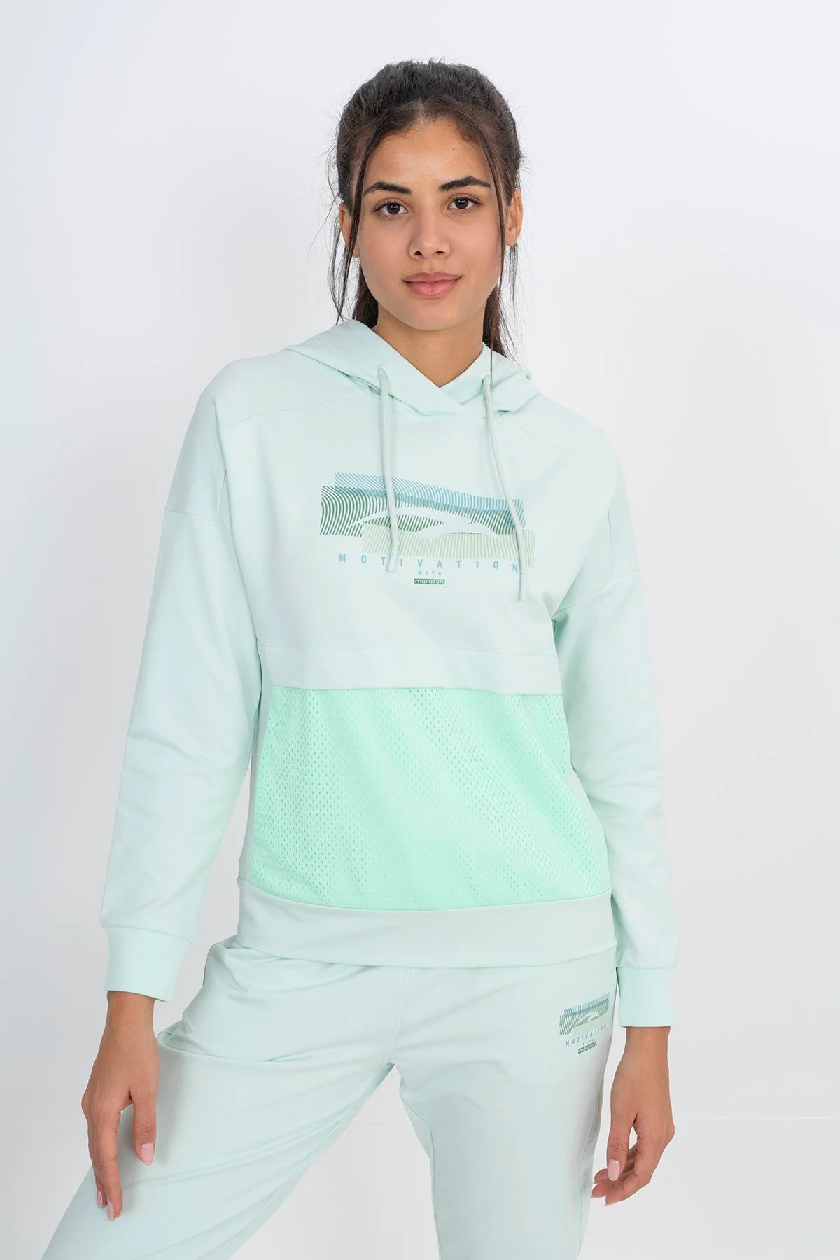 Maraton Comfort Kadın Kapüşonlu Su Yeşili Sweatshirt