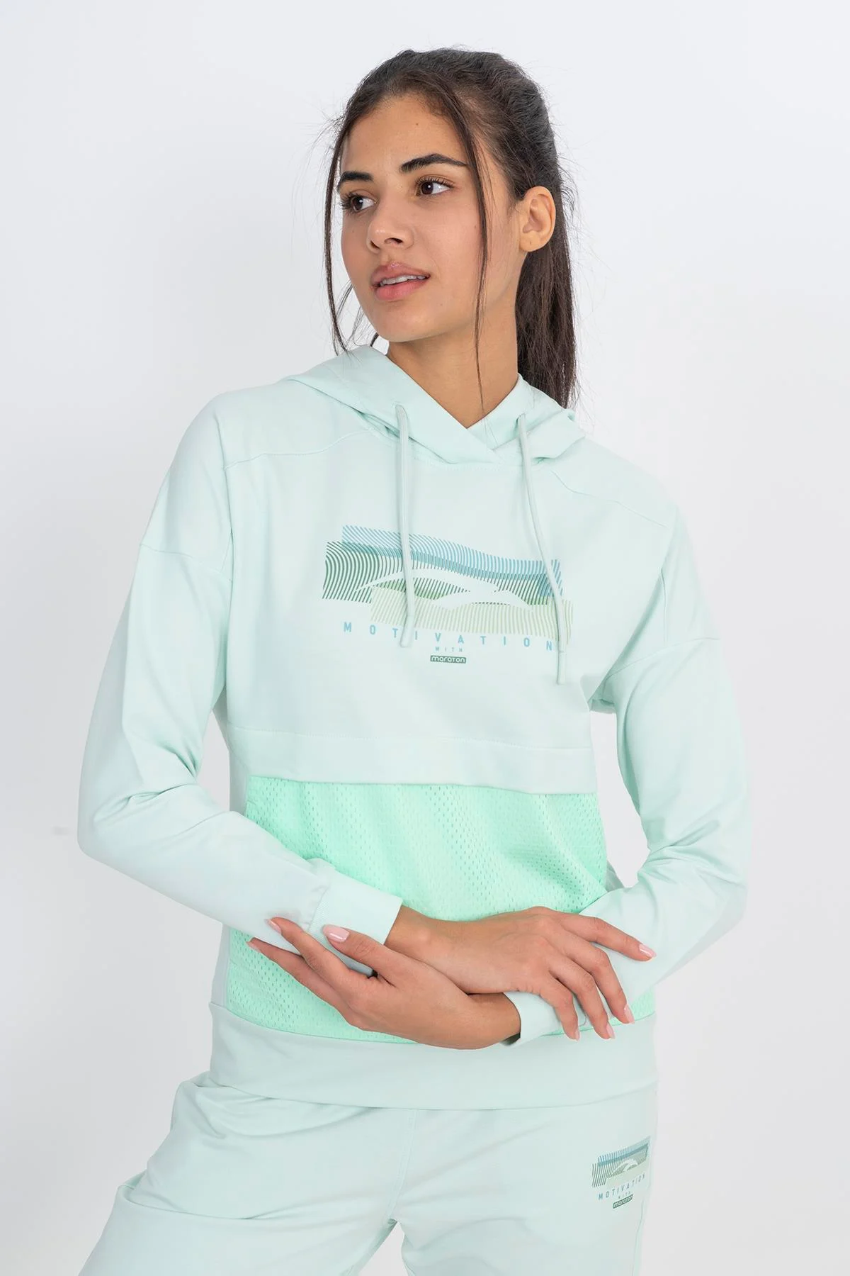 Maraton Comfort Kadın Kapüşonlu Su Yeşili Sweatshirt - 4