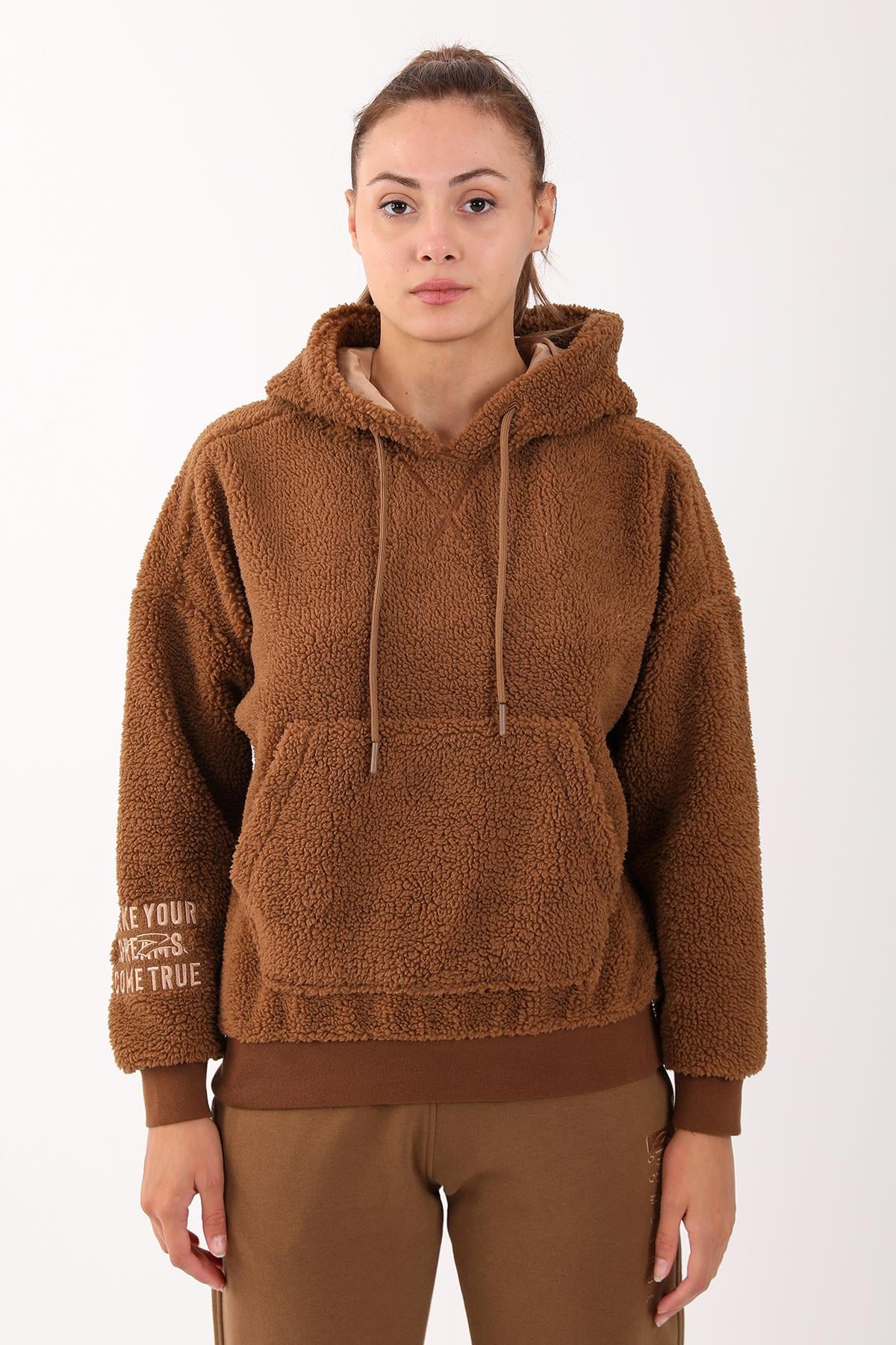 Maraton Comfort Kadın Kapüşonlu Taba Sweatshirt