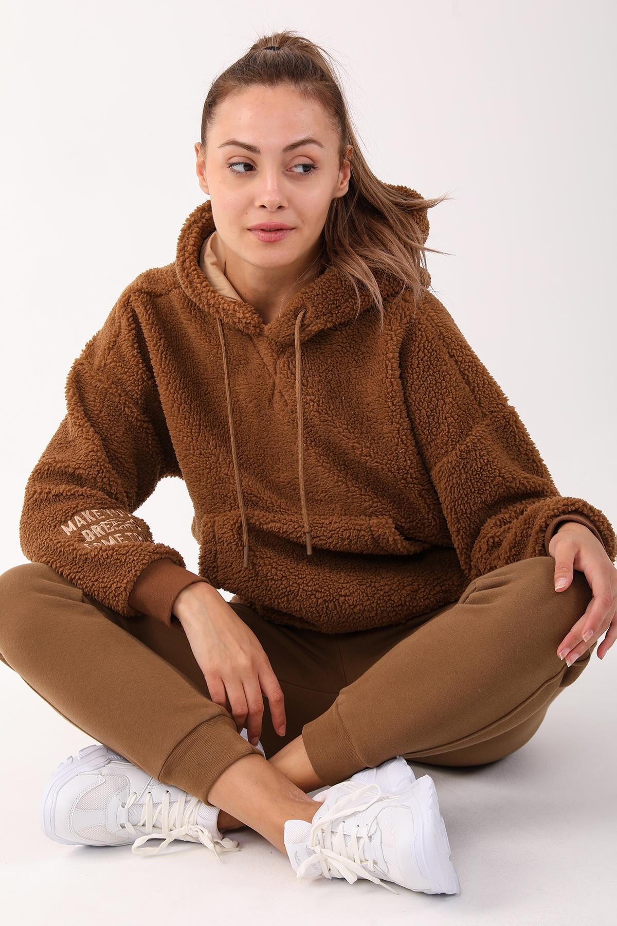 Maraton Comfort Kadın Kapüşonlu Taba Sweatshirt - 4