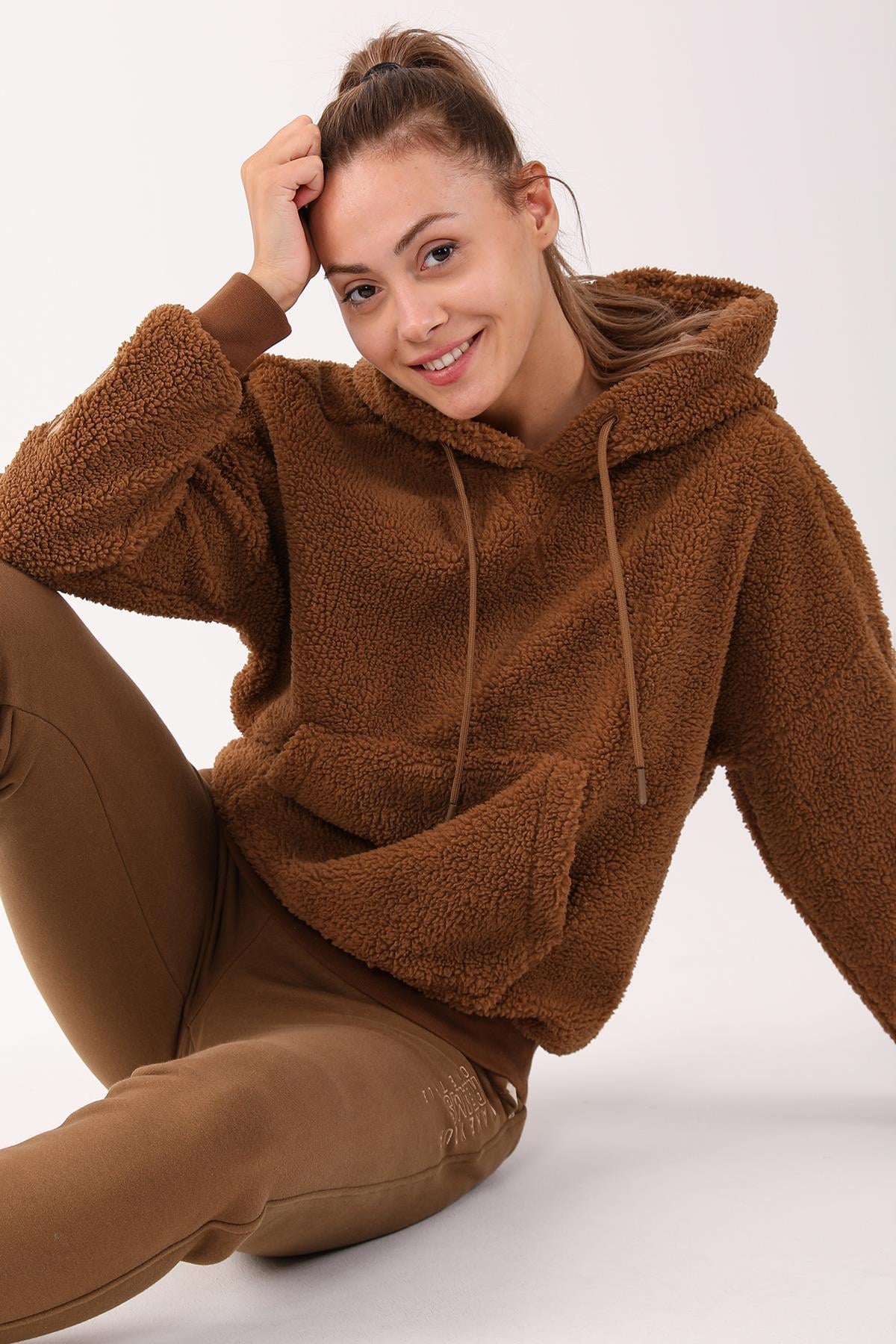 Maraton Comfort Kadın Kapüşonlu Taba Sweatshirt - 5