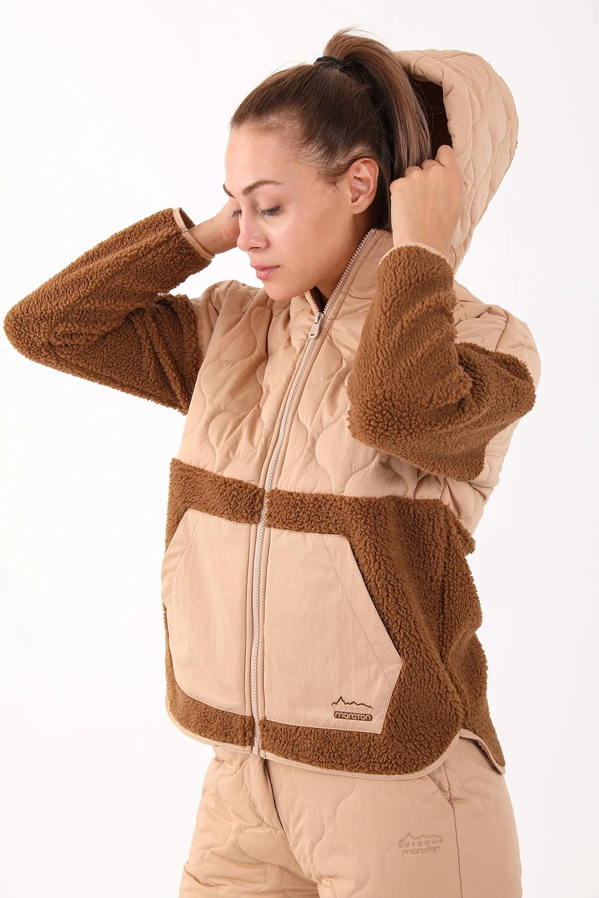 Maraton Comfort Kadın Kapüşonlu Taba Tracktop - 4