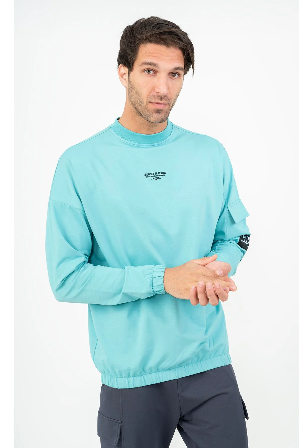 Maraton Oversize Erkek Bisiklet Yaka Turkuaz Sweatshirt