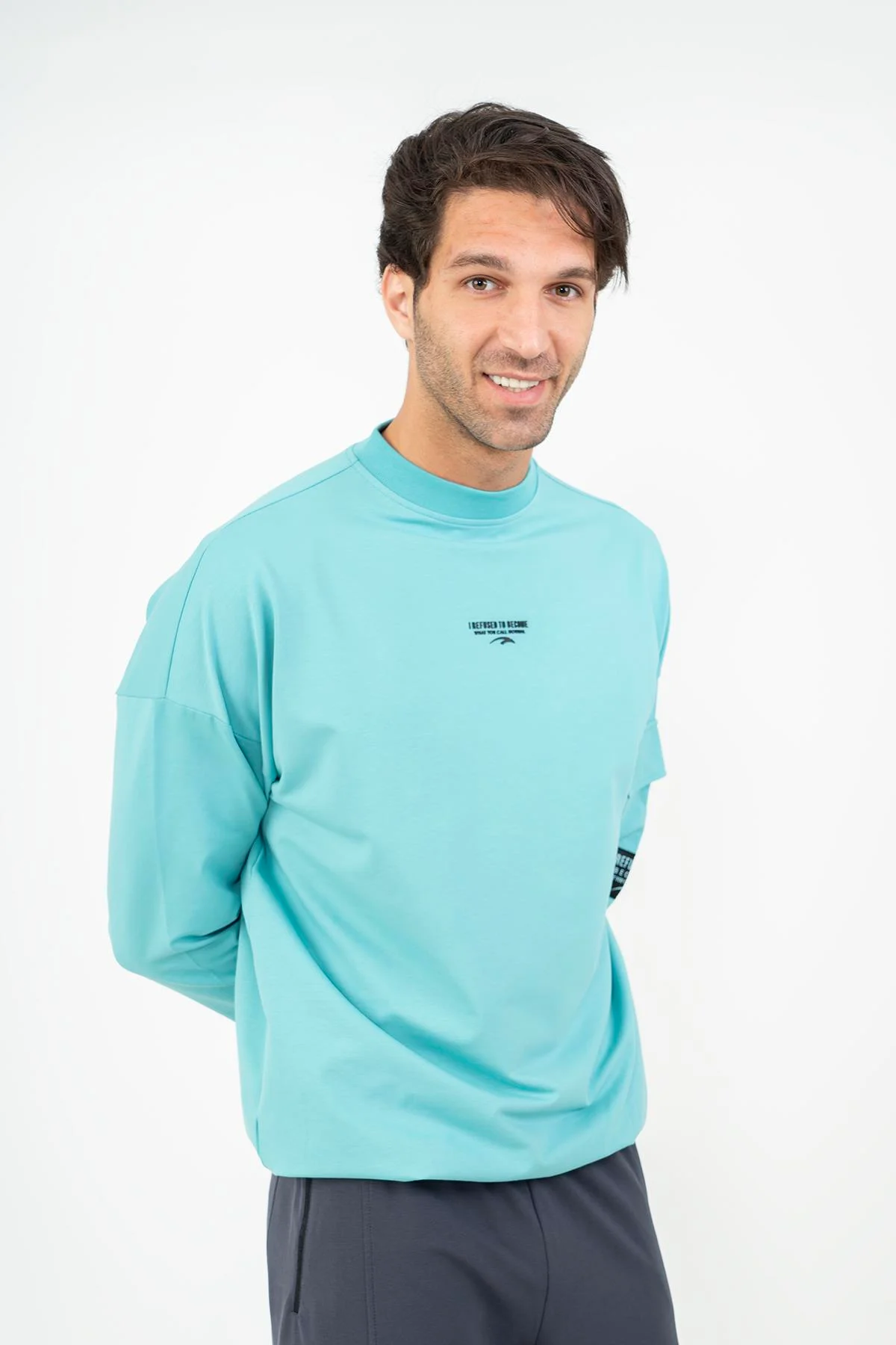 Maraton Oversize Erkek Bisiklet Yaka Turkuaz Sweatshirt - 4