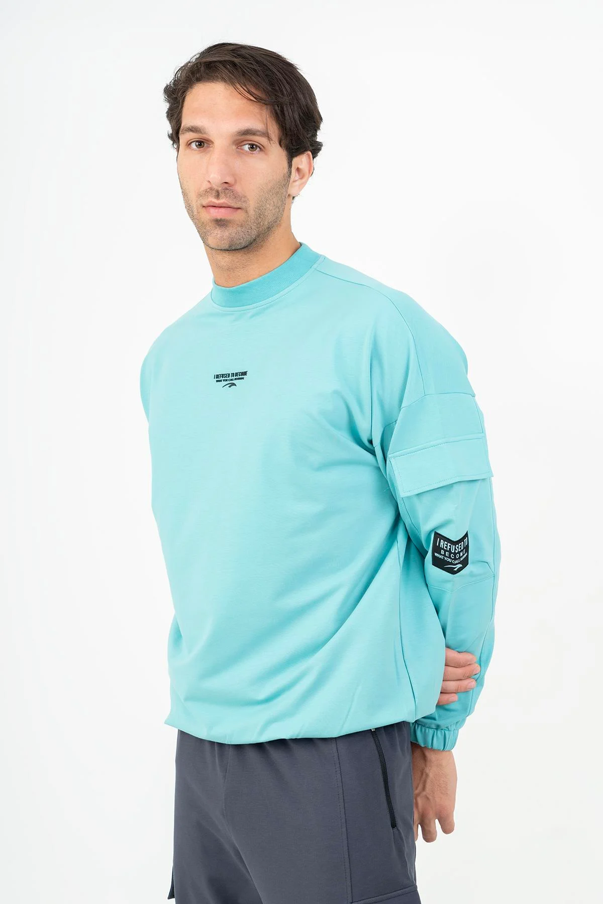 Maraton Oversize Erkek Bisiklet Yaka Turkuaz Sweatshirt - 5