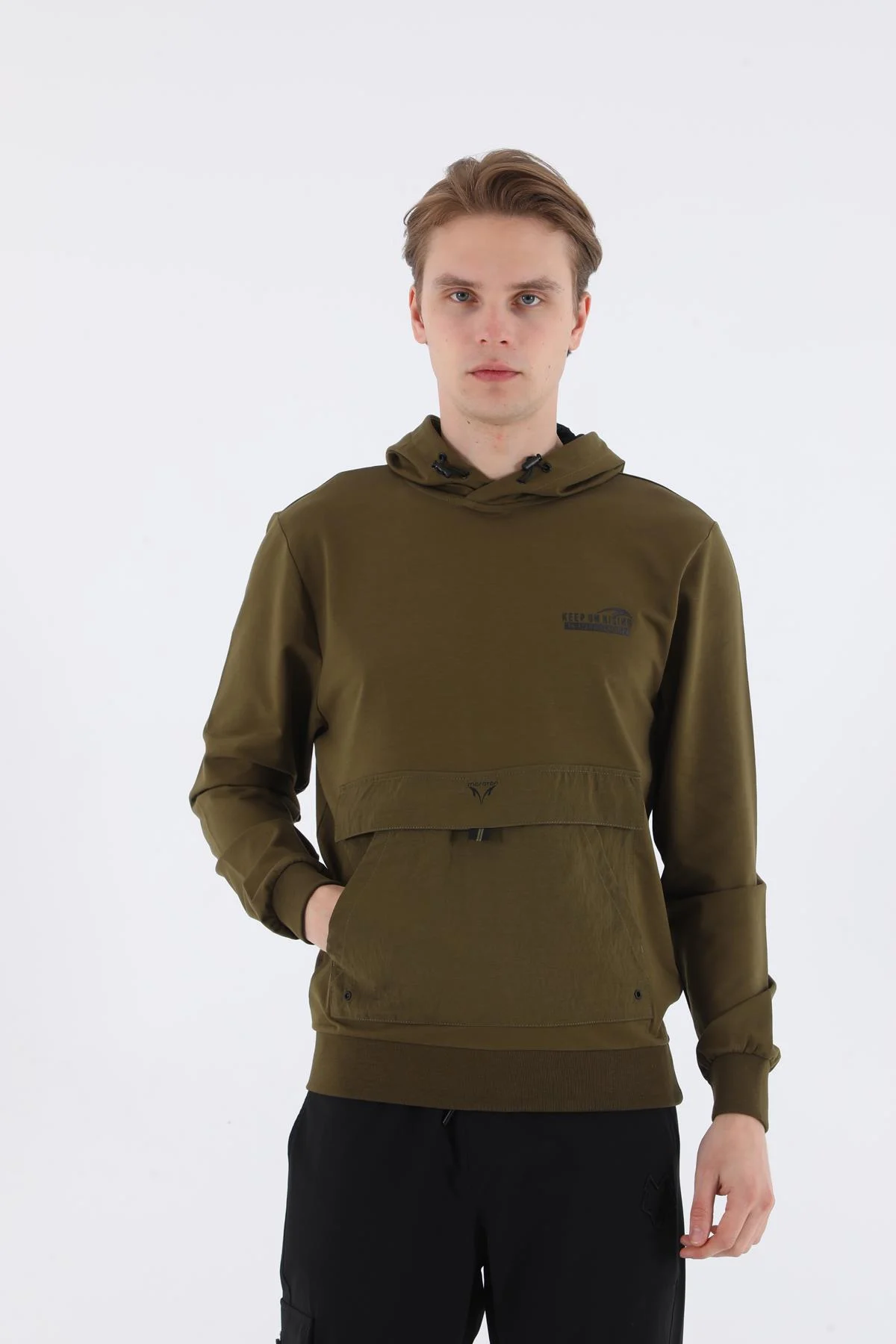 Maraton Oversize Erkek Kapüşonlu Zeytin Sweatshirt