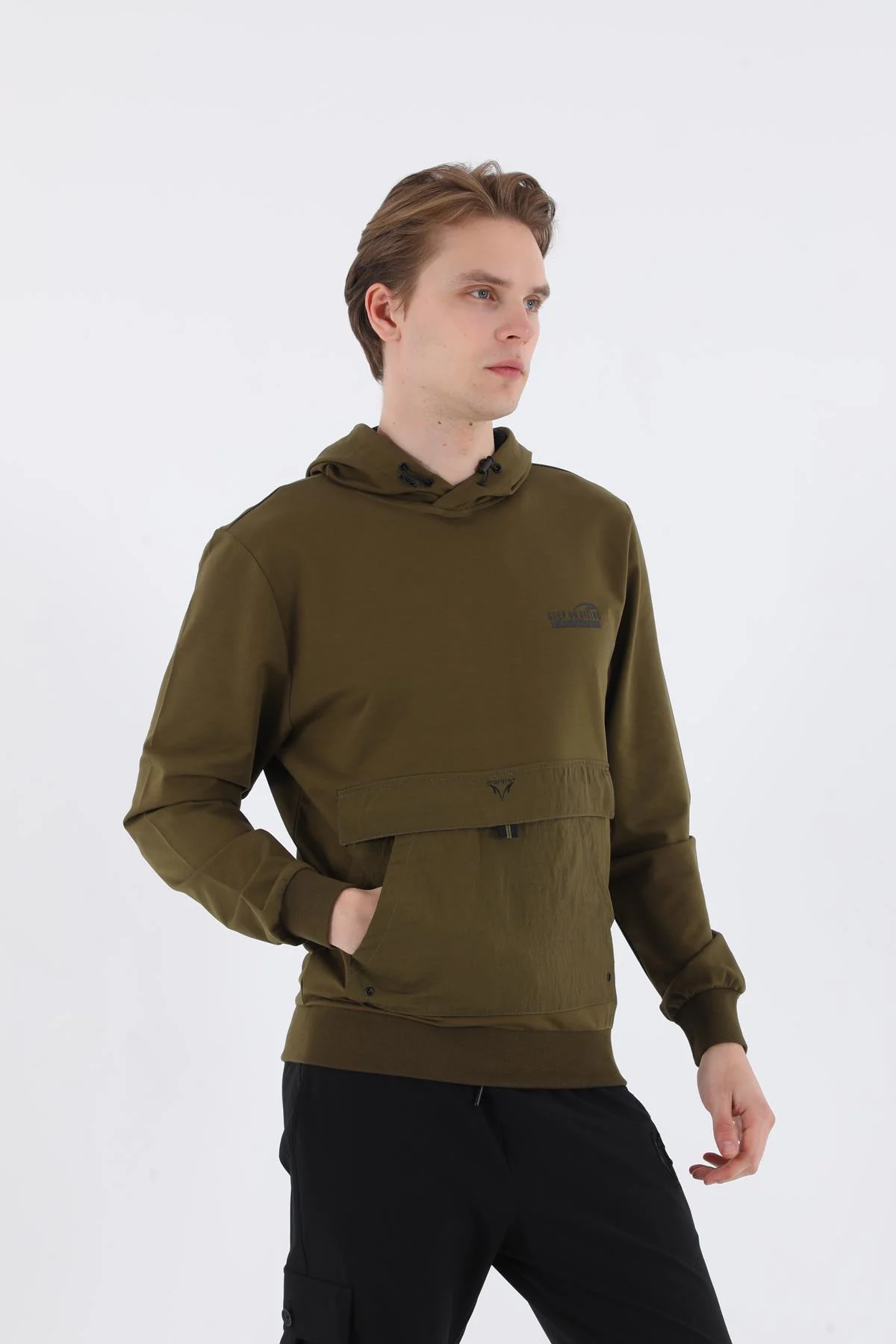 Maraton Oversize Erkek Kapüşonlu Zeytin Sweatshirt - 4