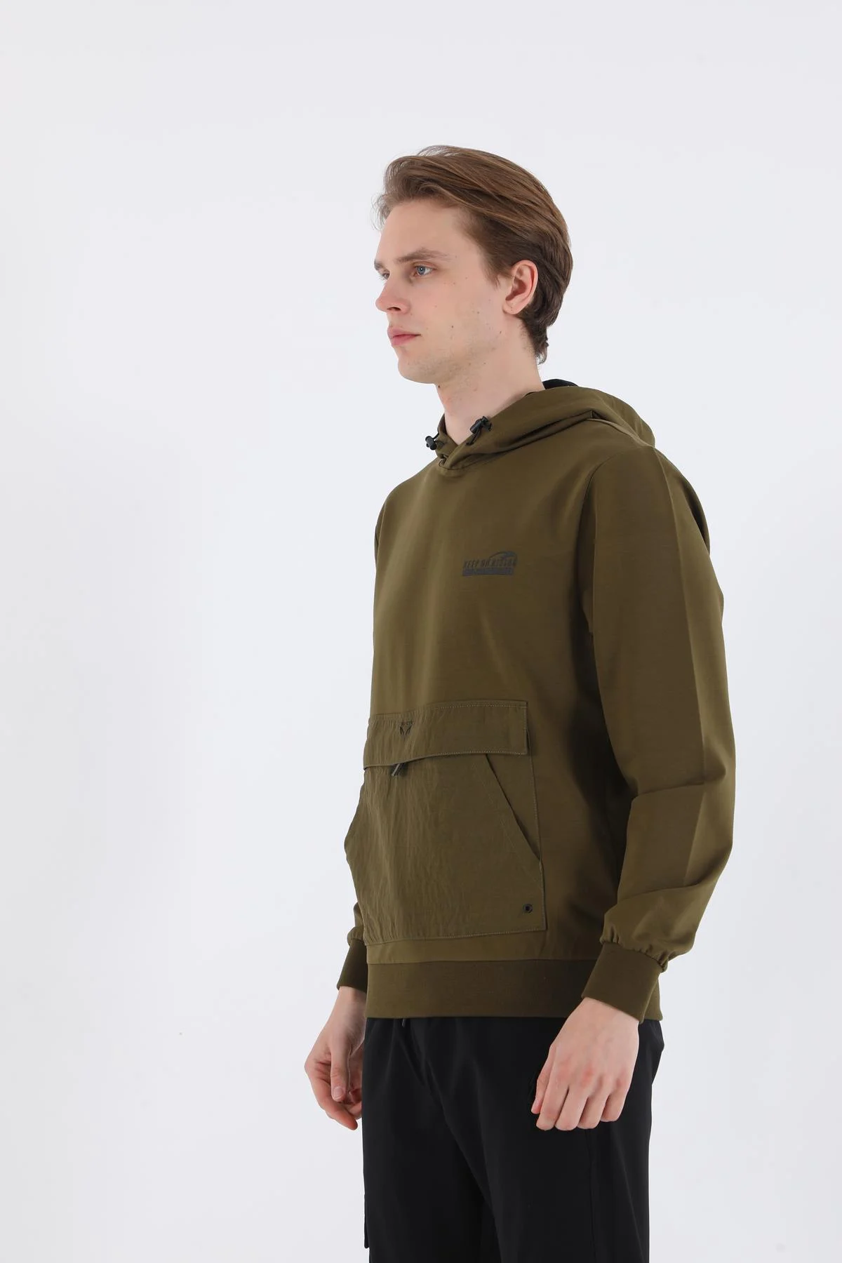 Maraton Oversize Erkek Kapüşonlu Zeytin Sweatshirt - 5