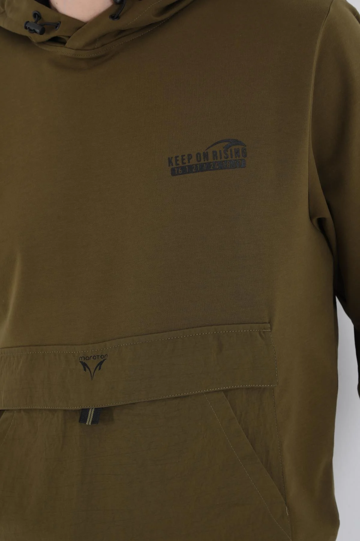 Maraton Oversize Erkek Kapüşonlu Zeytin Sweatshirt - 7