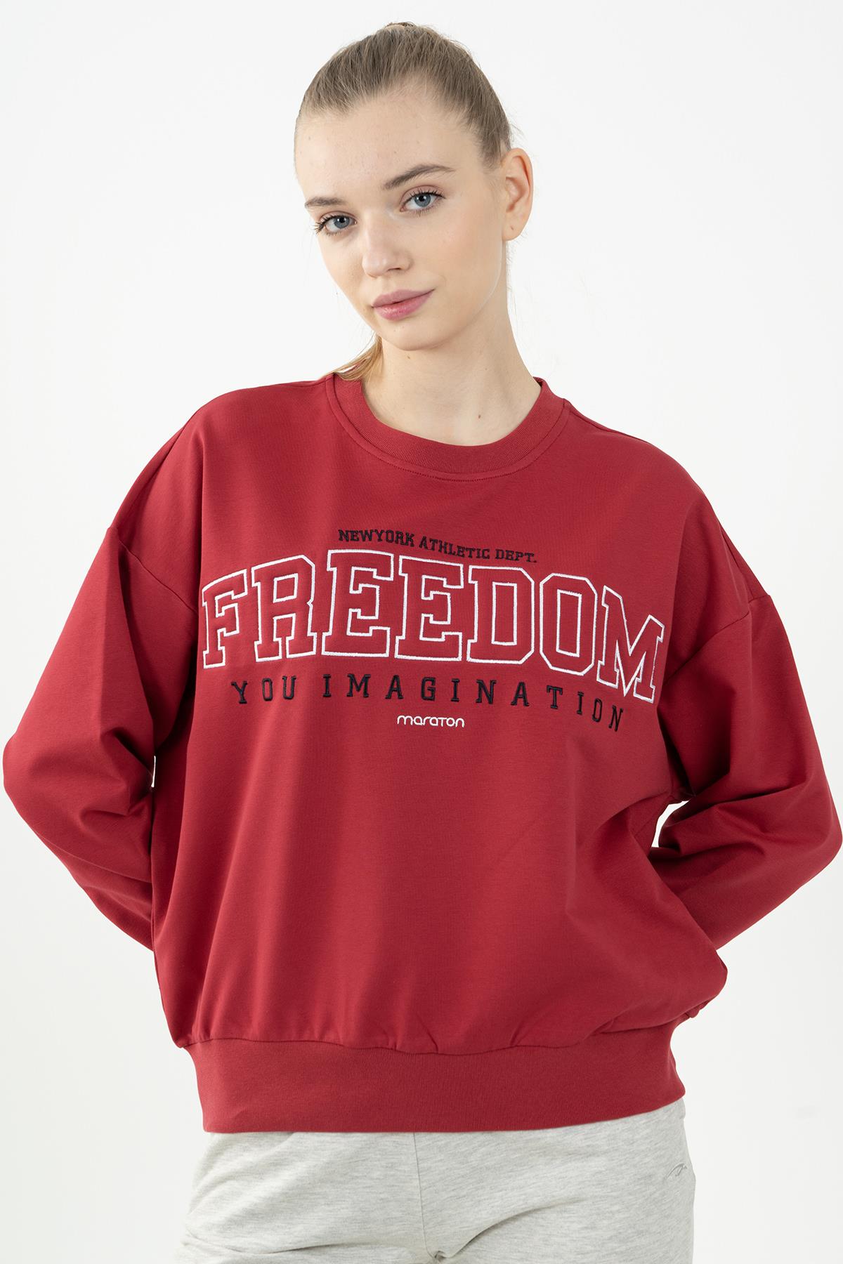 Maraton Oversize Kadın Bisiklet Yaka Kırmızı Sweatshirt