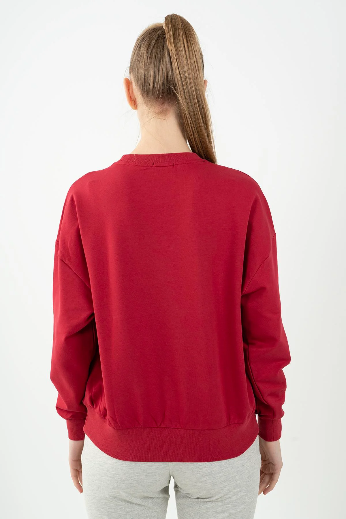 Maraton Oversize Kadın Bisiklet Yaka Kırmızı Sweatshirt - 3