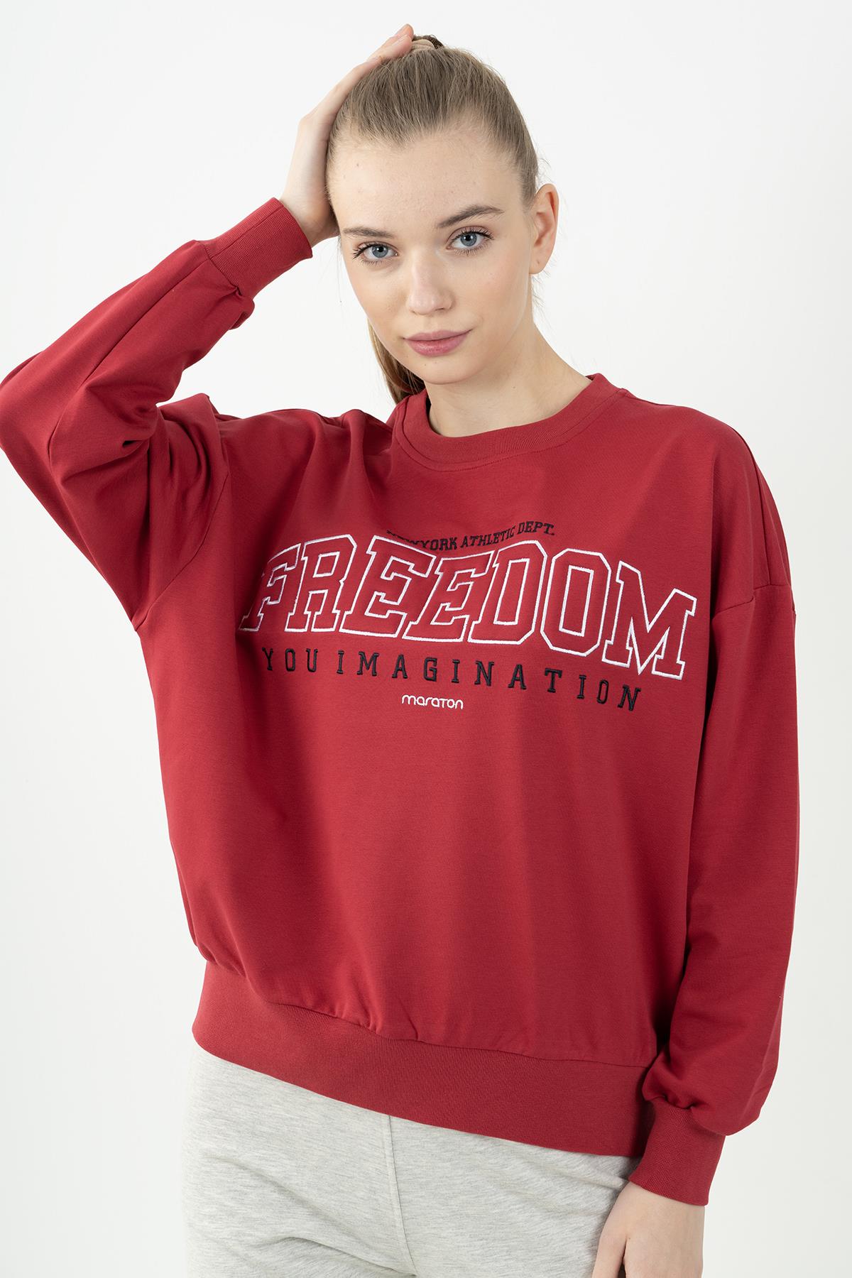 Maraton Oversize Kadın Bisiklet Yaka Kırmızı Sweatshirt - 4