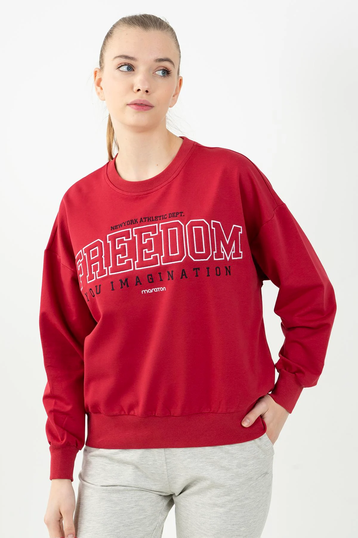 Maraton Oversize Kadın Bisiklet Yaka Kırmızı Sweatshirt - 5