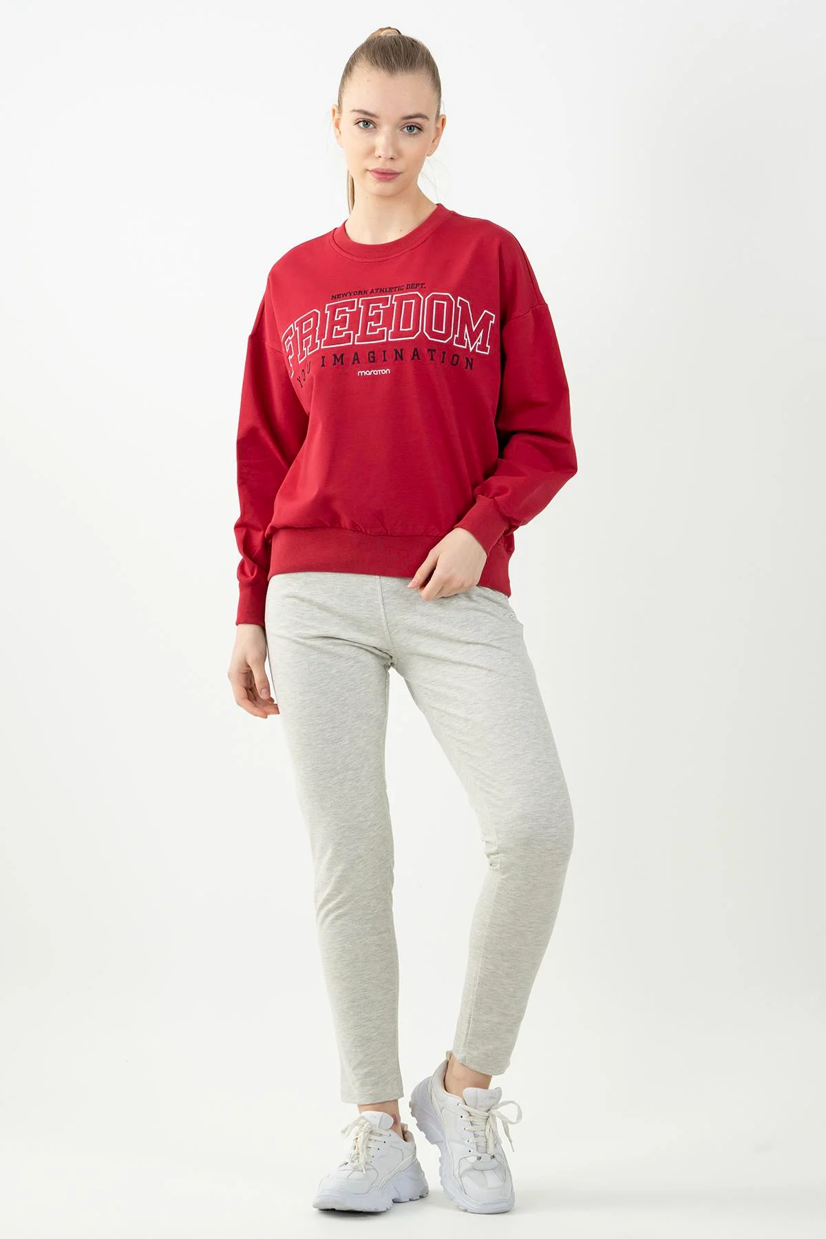 Maraton Oversize Kadın Bisiklet Yaka Kırmızı Sweatshirt - 6