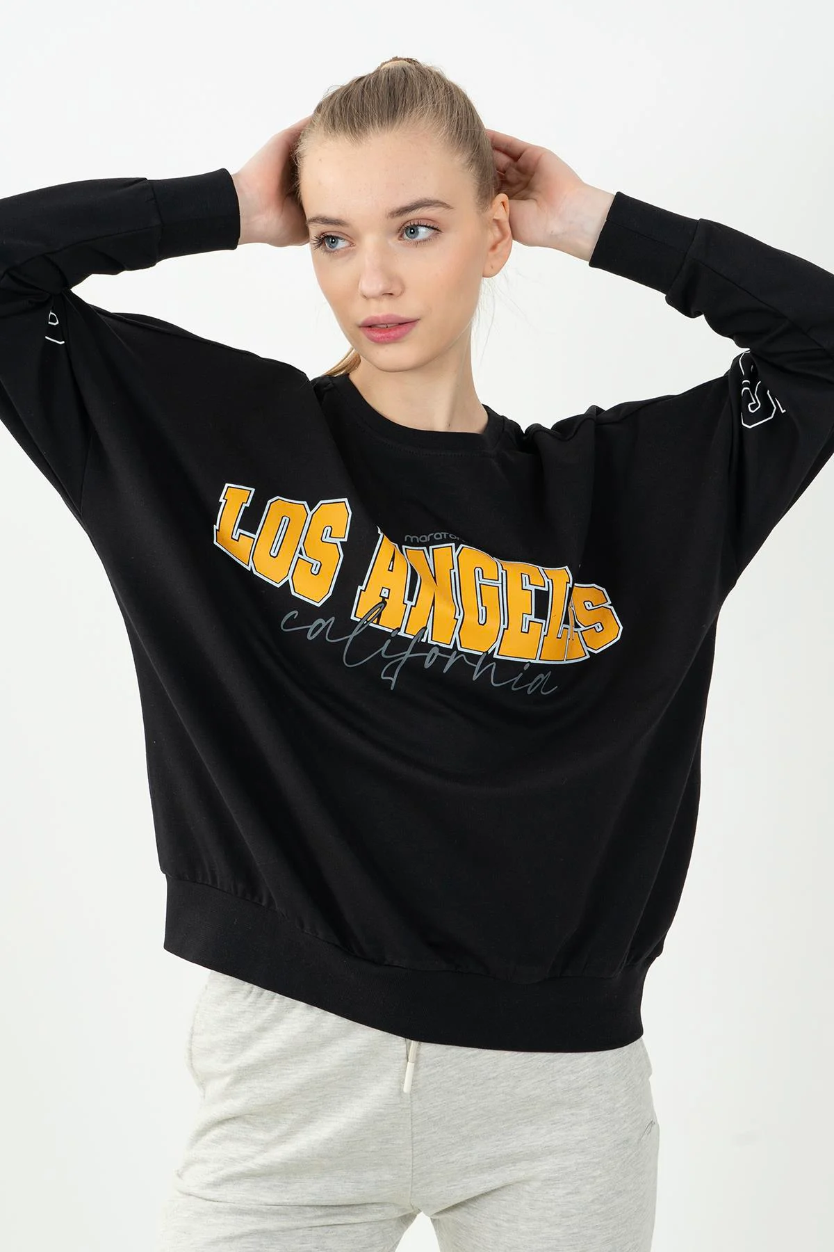 Maraton Oversize Kadın Bisiklet Yaka Siyah- Sweatshirt