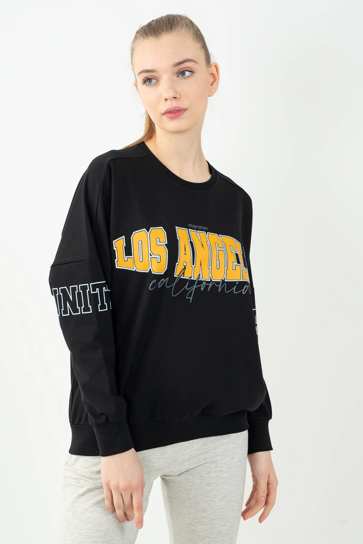 Maraton Oversize Kadın Bisiklet Yaka Siyah- Sweatshirt - 4