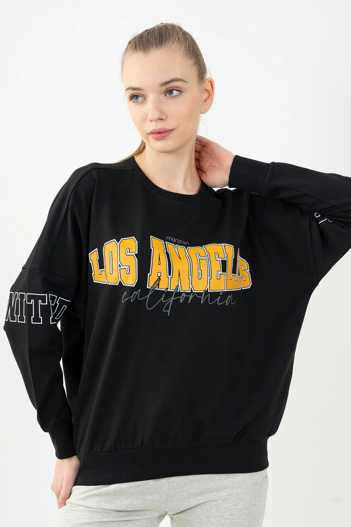 Maraton Oversize Kadın Bisiklet Yaka Siyah- Sweatshirt - 5