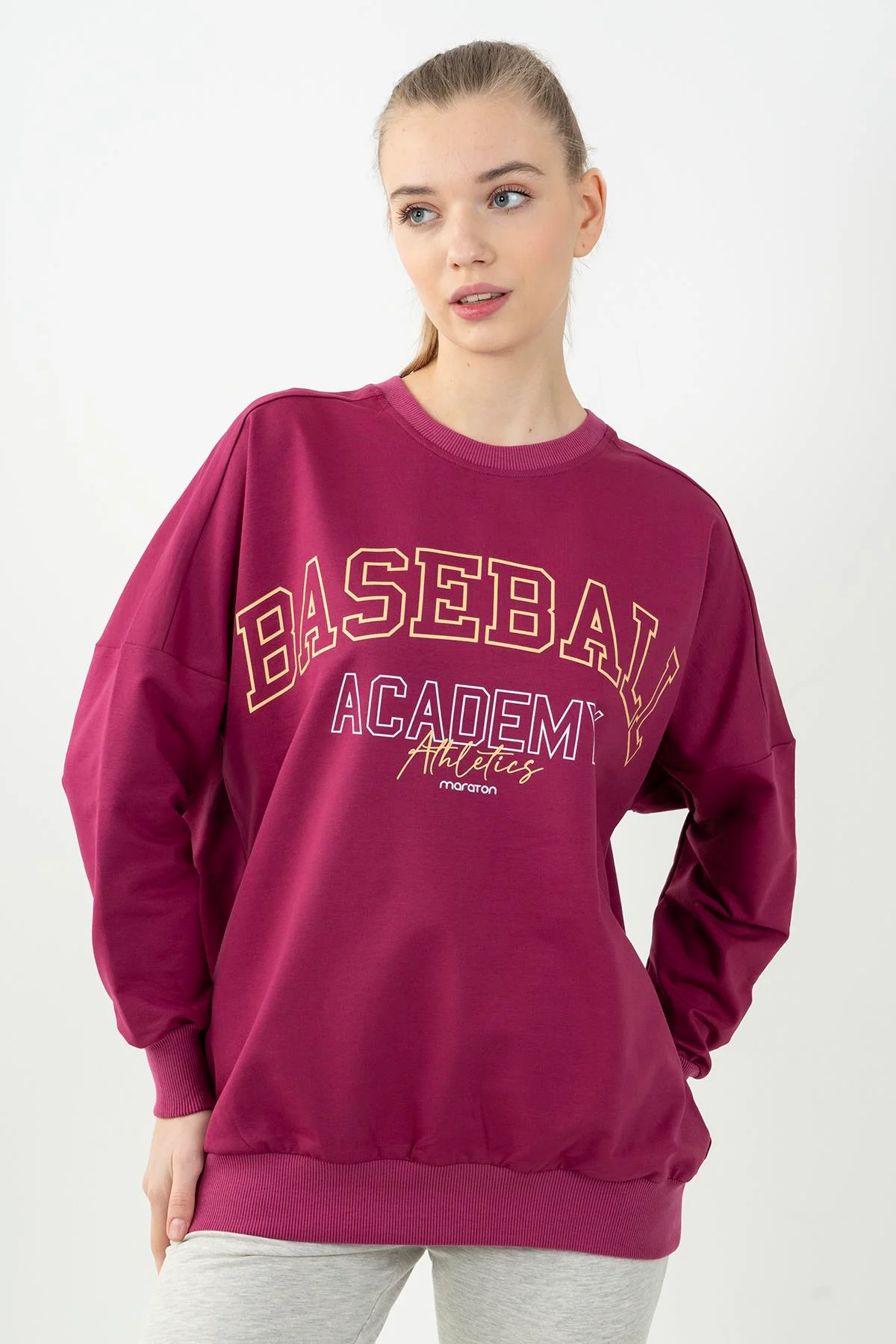 Maraton Oversize Kadın Bisiklet Yaka Vişne Sweatshirt